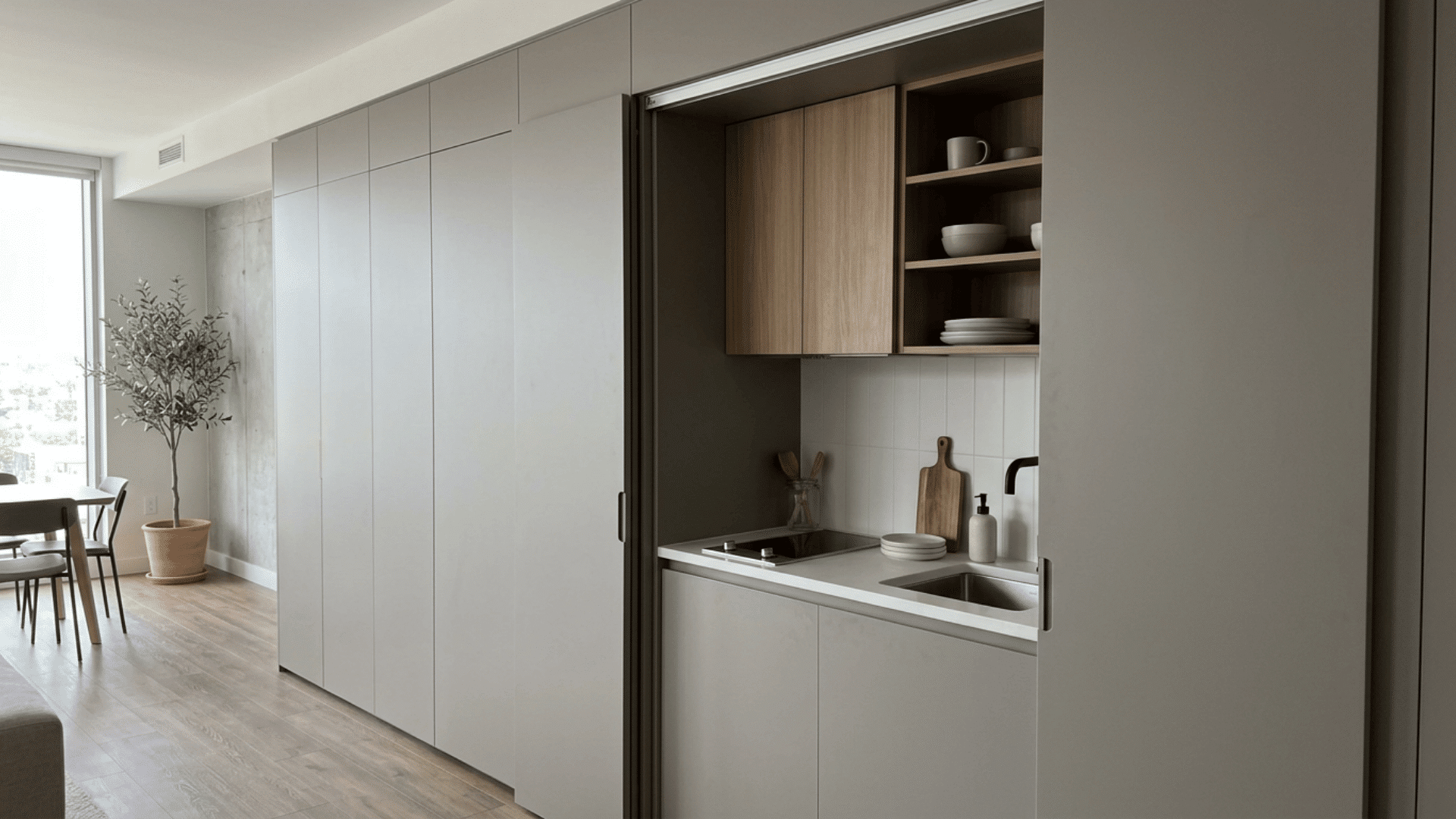 compact kitchen hidden behind sliding doors with wood shelving white cabinets and dining area beside a potted tree