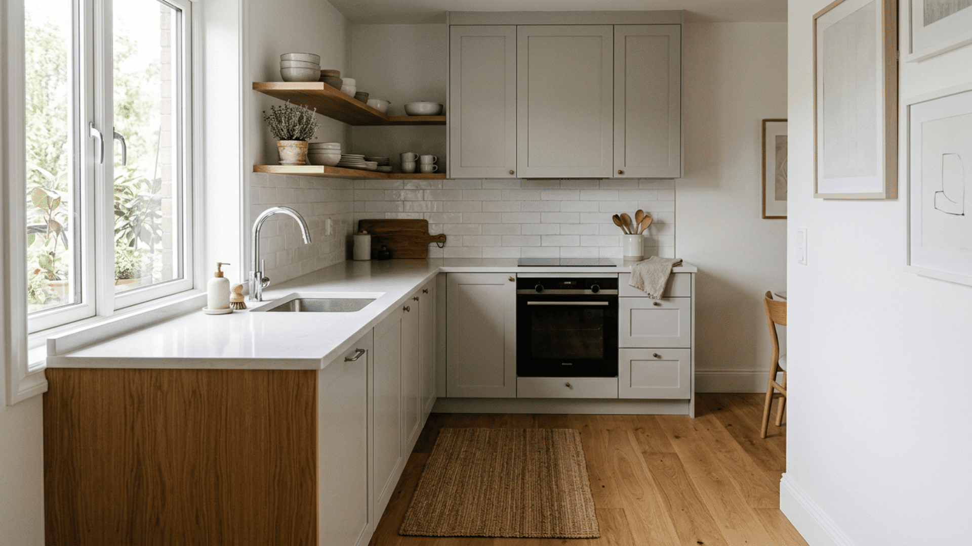 compact kitchen with gray cabinets open wood shelves white tile backsplash large window sink oven and woven rug