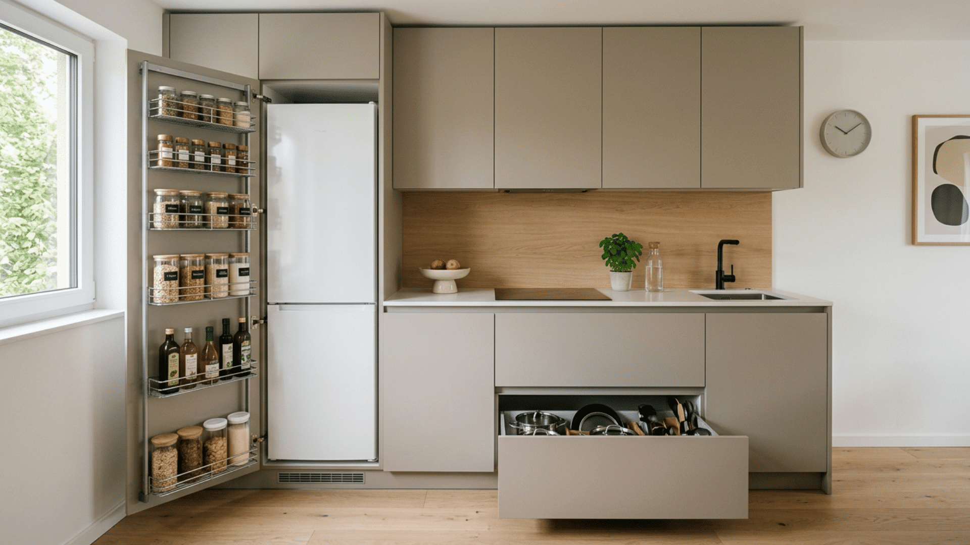 compact kitchen with open pantry shelves a white fridge beige cabinets wood backsplash and a drawer of cookware