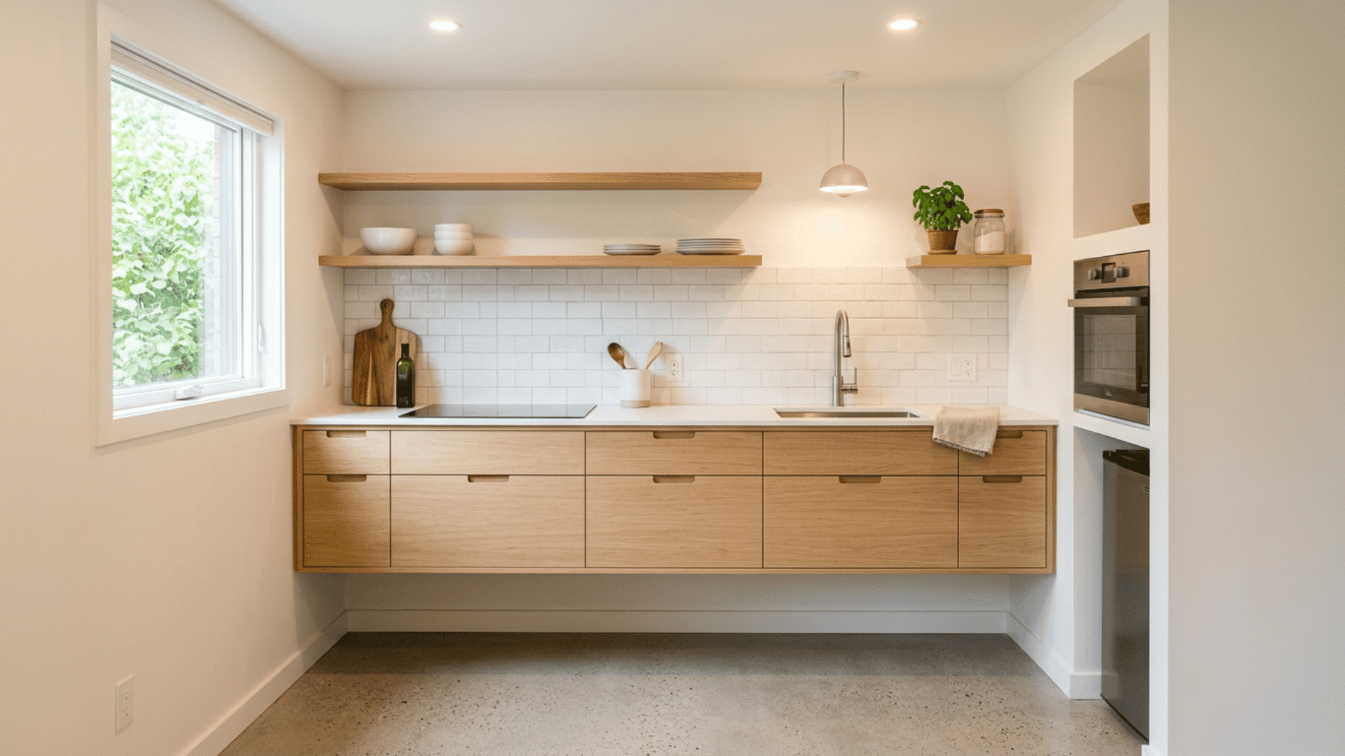 compact oak and white kitchen with open shelves window sink built in oven and pale counters under warm ceiling lights