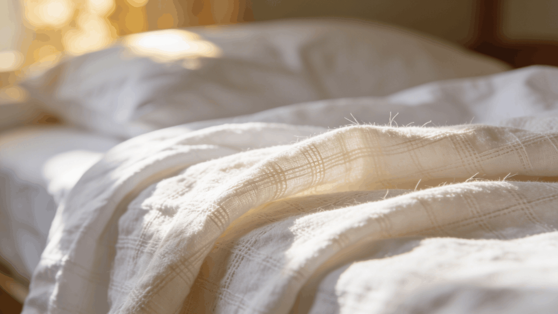 cotton bedding on a neatly made bed showing breathable fabric texture white and beige tones natural morning light (1)