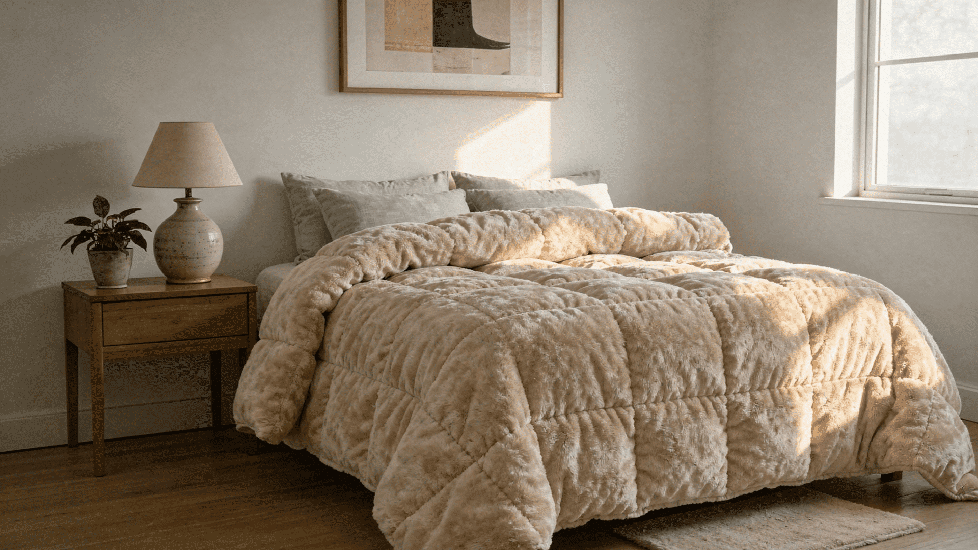 cozy bedroom scene featuring a plush beige comforter on a bed a wooden nightstand with a lamp