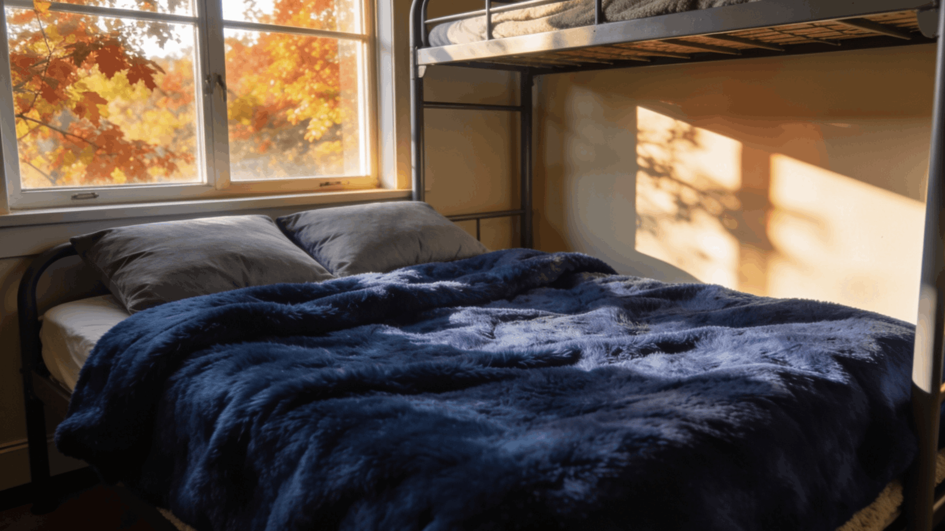 cozy dorm bed with navy blanket gray pillows bunk frame and autumn leaves glowing outside the window