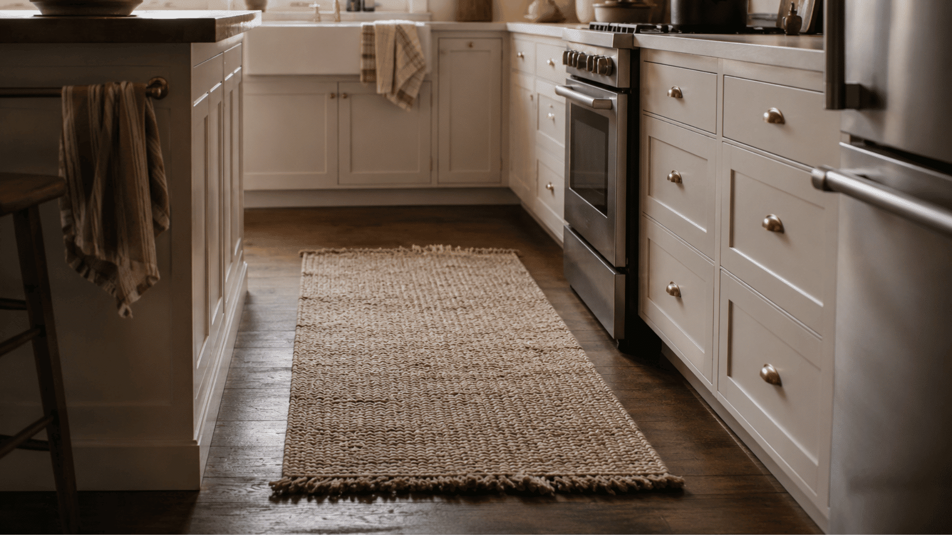 cozy hygge kitchen with soft woven rug on wooden floor creating warmth comfort and inviting texture