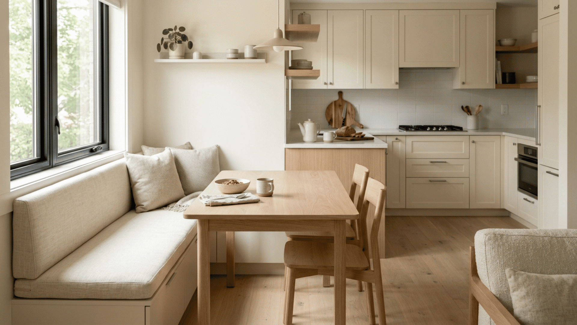 cozy kitchen dining nook with a cushioned bench wood table pale cabinets open shelves and large black framed windows