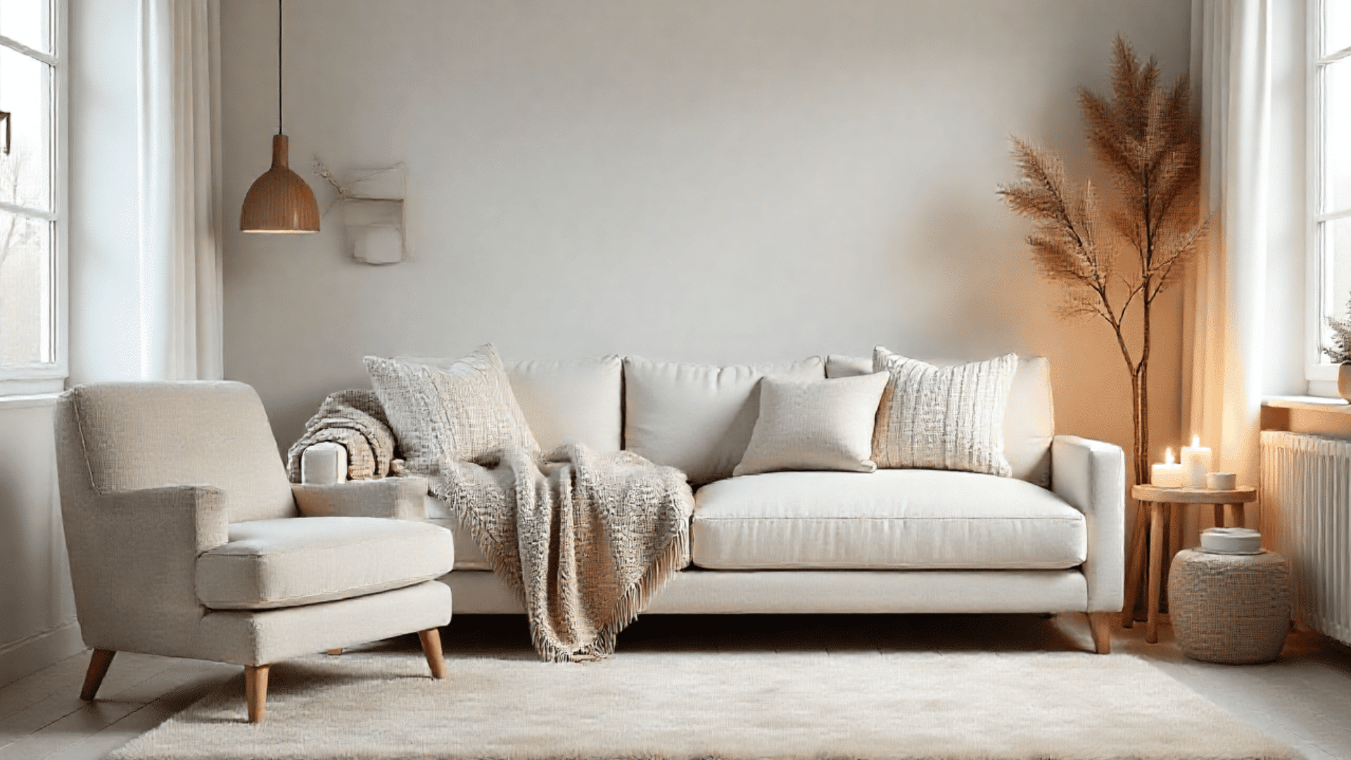 cozy living room features a cream sofa with textured pillows and a throw blanket a matching armchair and a fluffy rug