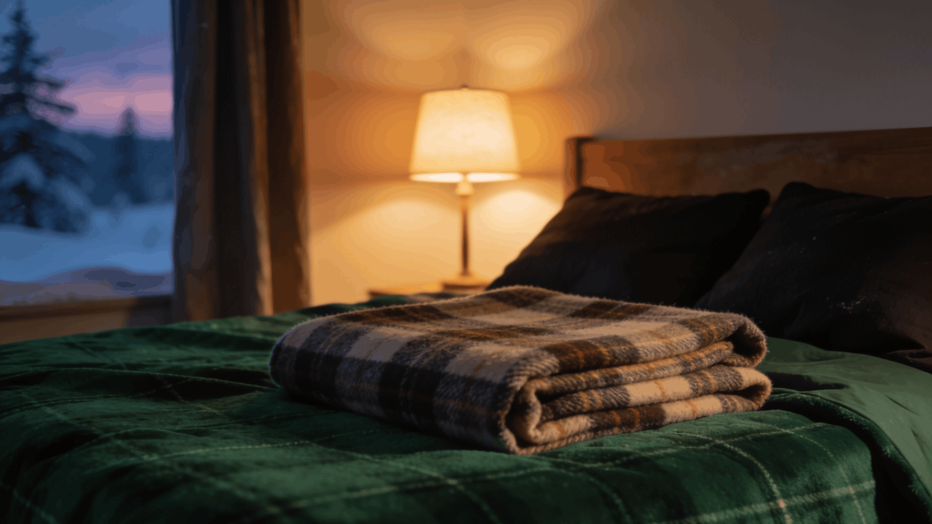 cozy winter bedroom image with warm flannel sheets folded blankets soft pillows and gentle warm lighting
