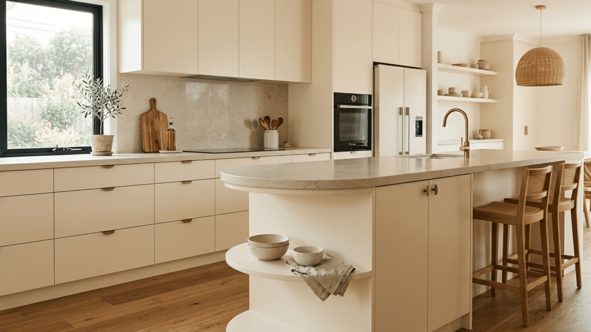 cream kitchen with marble island brass faucet wood stools garden window built in oven and open shelves in warm light