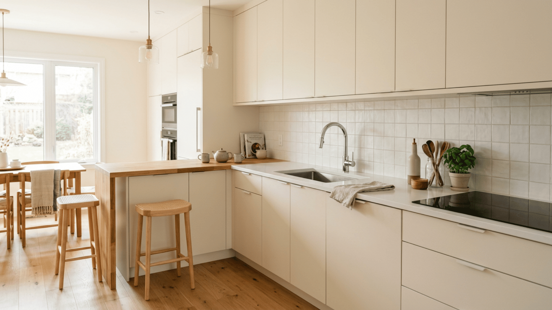 cream kitchen with wood breakfast bar tiled backsplash garden window pendant lights and dining table in soft light