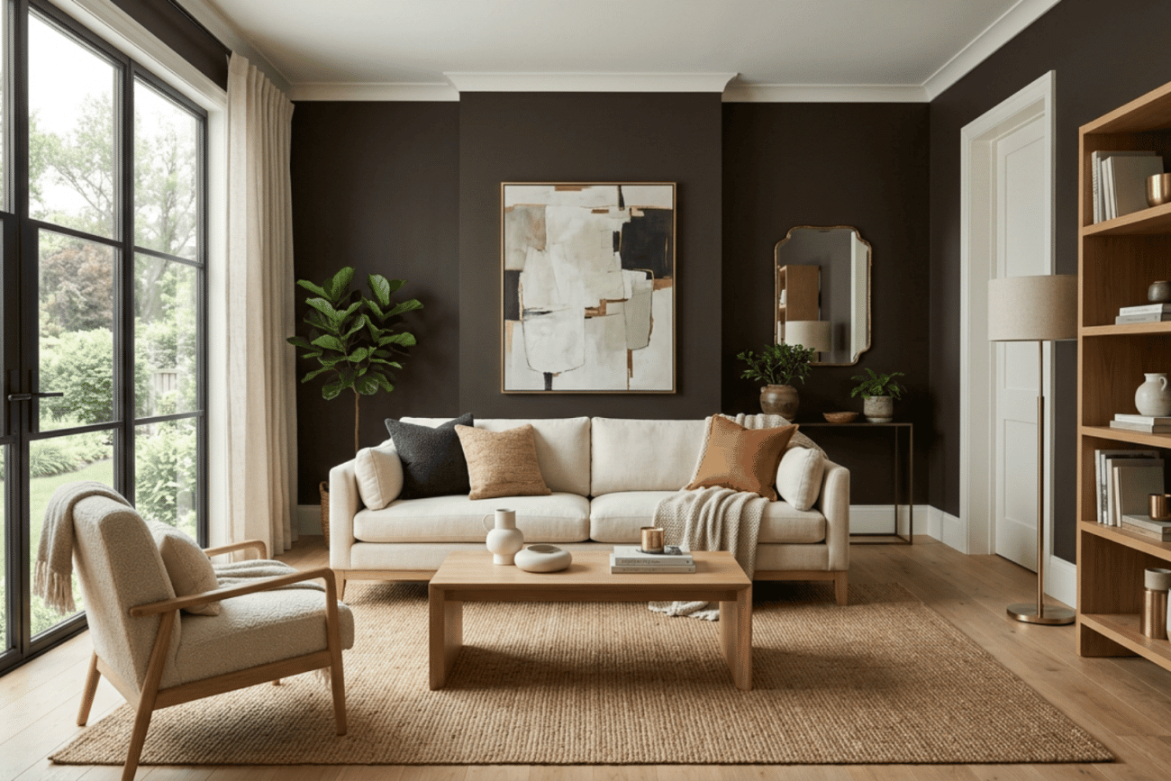 dark brown living room wall painted in silhouette af 655 with oak furniture and brass accents