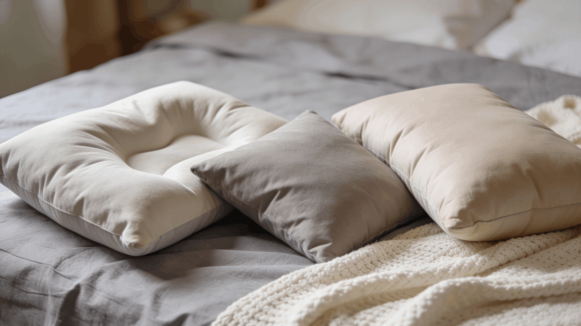 different bed pillows arranged on a bed including soft medium and firm pillows cozy bedroom setting