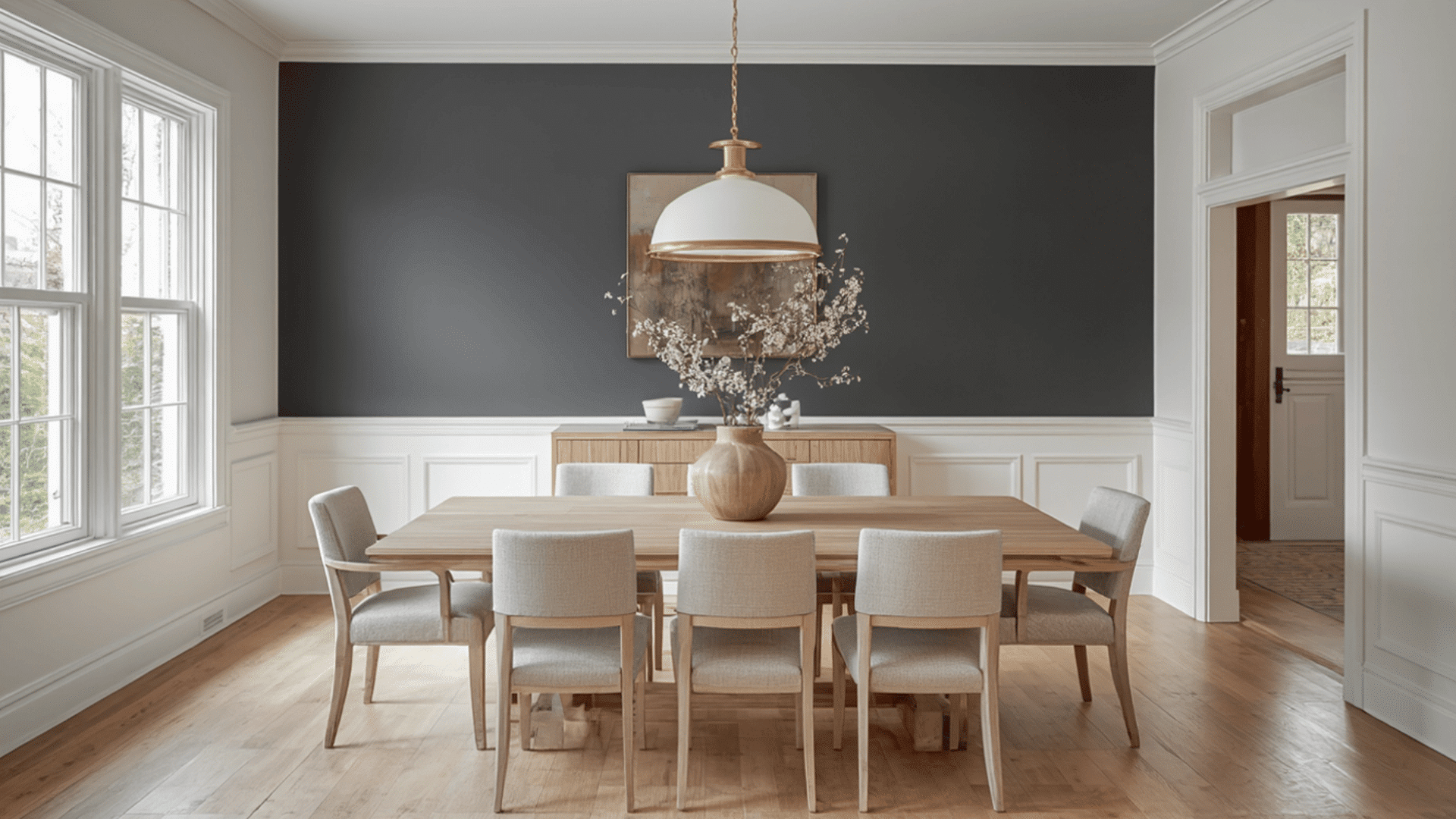 dining room featuring a silhouette af 655 accent wall with white wainscoting