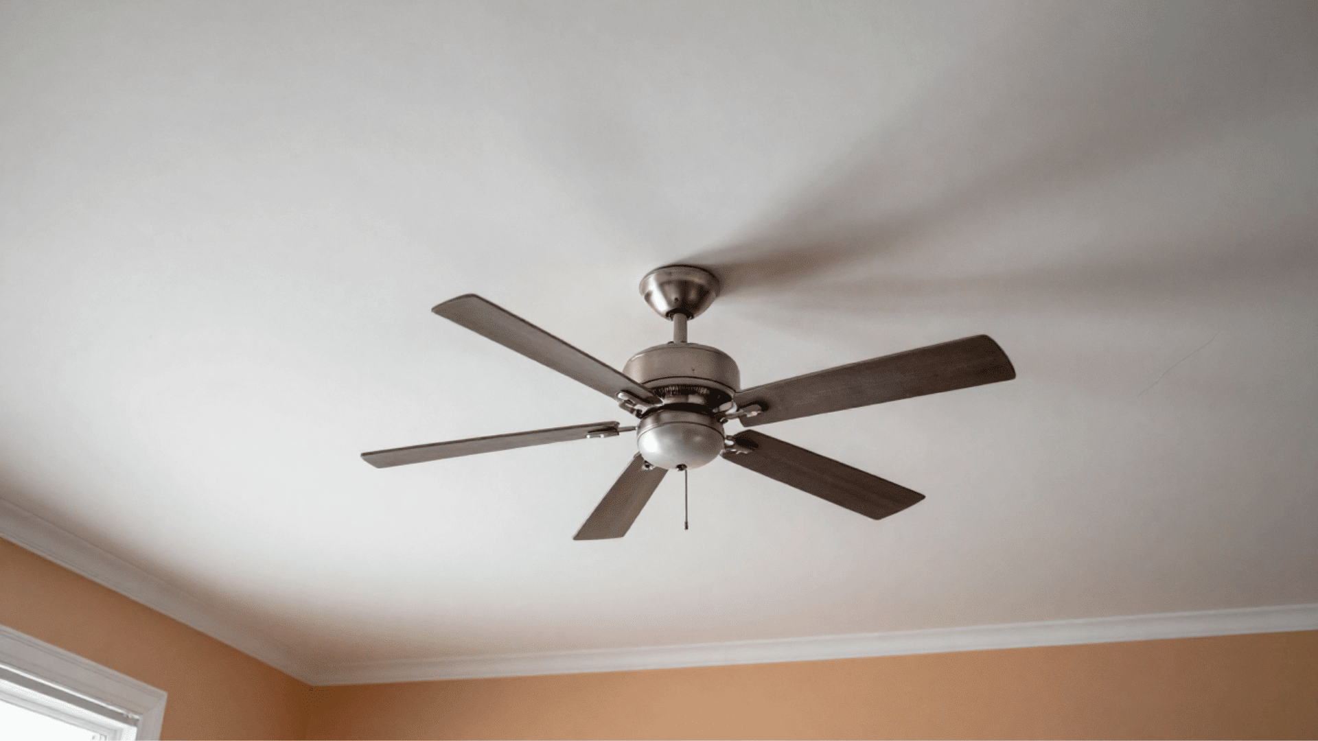 five blade ceiling fan with dark wood blades and a brushed nickel motor is mounted on a white ceiling