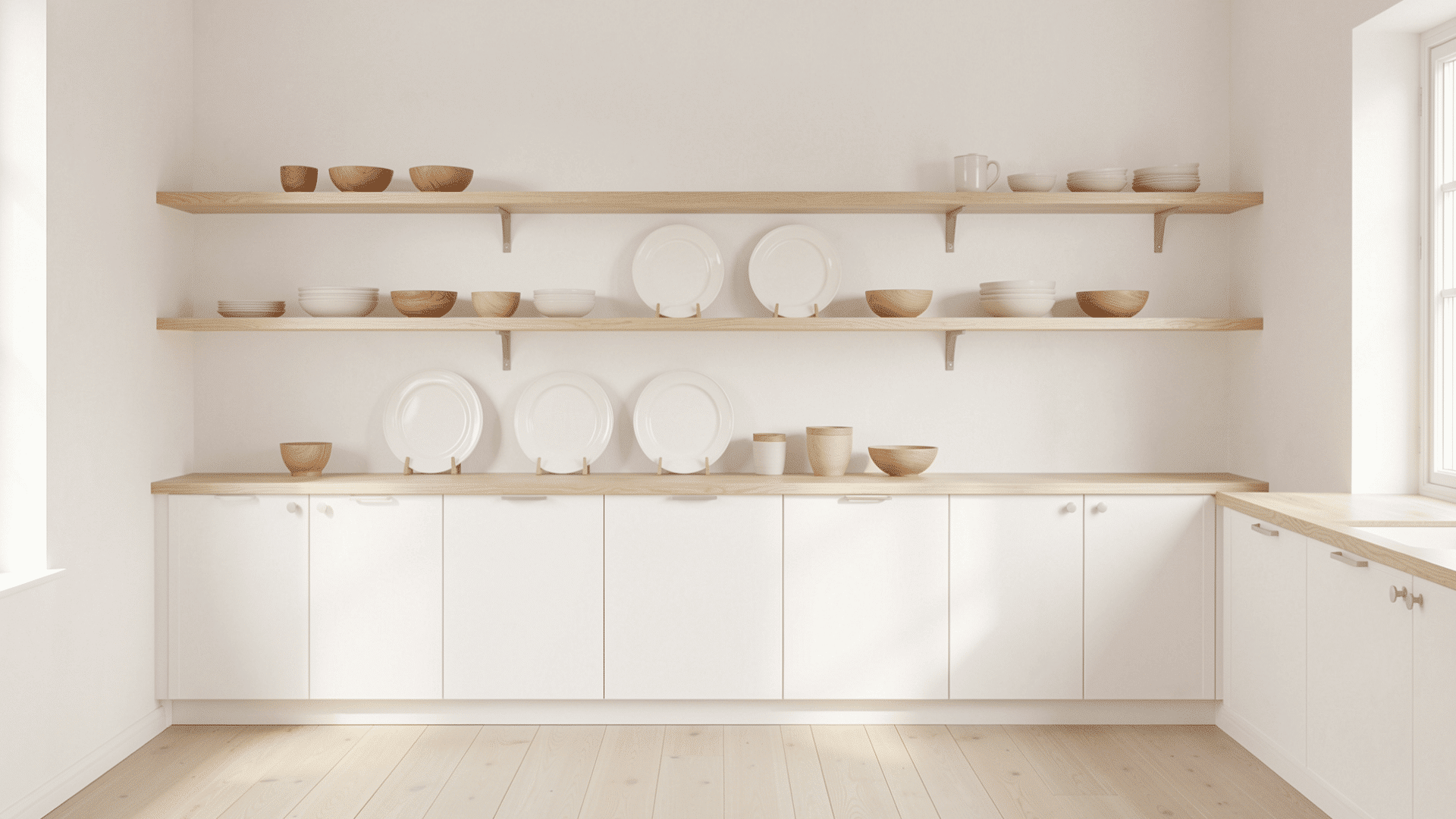 floating light oak shelves white plates wooden bowls pale floors airy minimal scandi kitchen