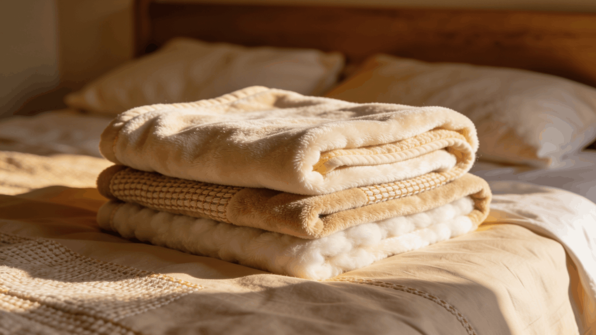 folded cotton wool fleece and microfiber blankets stacked on a bed soft warm lighting cozy bedroom style