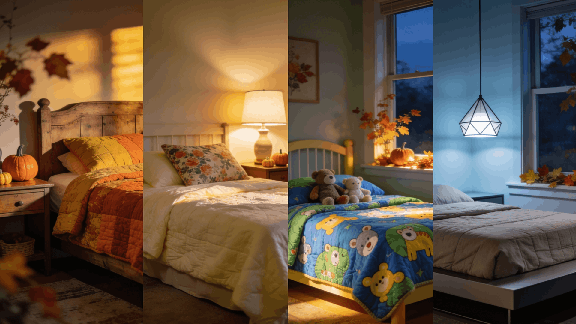 four bedrooms showing autumn quilt yellow bedding kids quilt and gray modern bed styles under warm and cool lighting