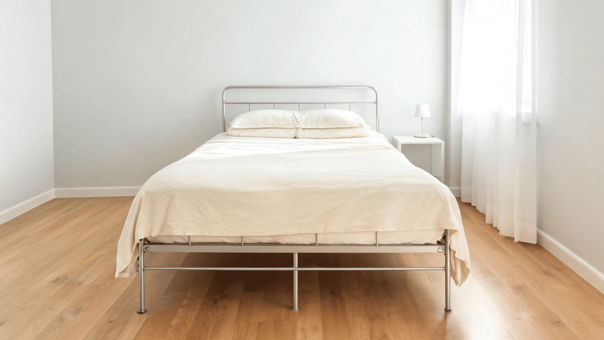 full bed with shorter bedspread drop showing more visible floor space and simple metal frame in a small airy bedroom