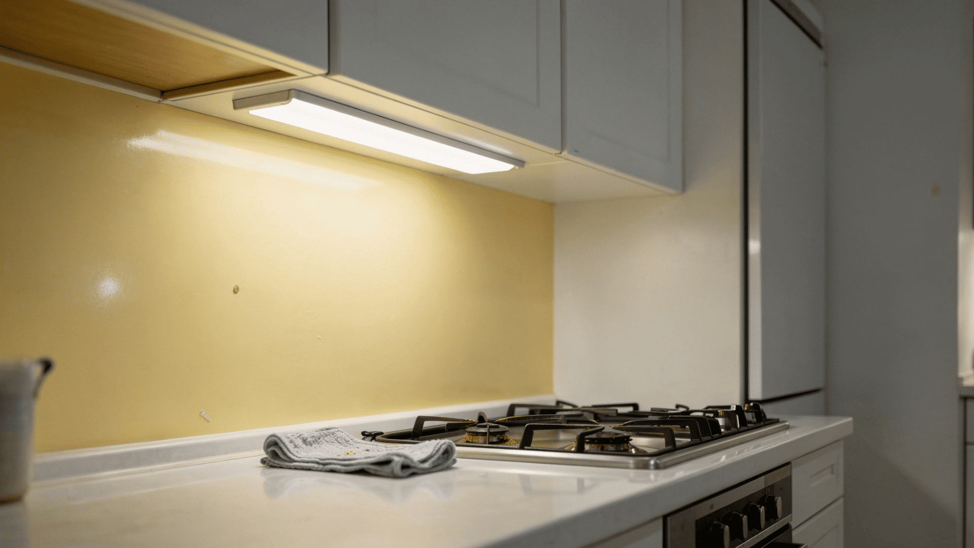 gas stovetop with four burners is on a white countertop with a yellow backsplash behind it cloth lies on the countertop