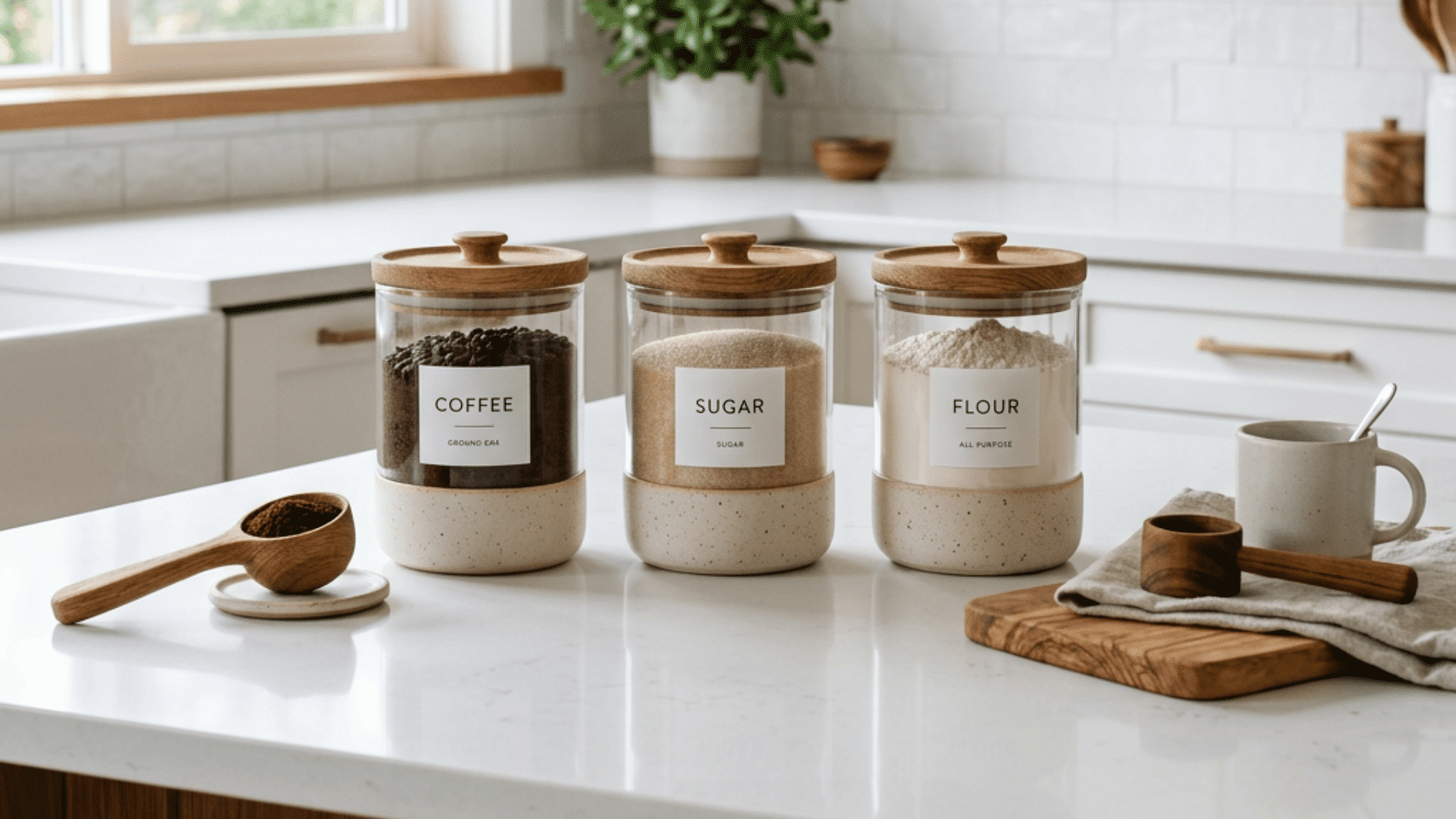 glass canisters of coffee sugar and flour on a white kitchen island with wood lids plants and mugs nearby