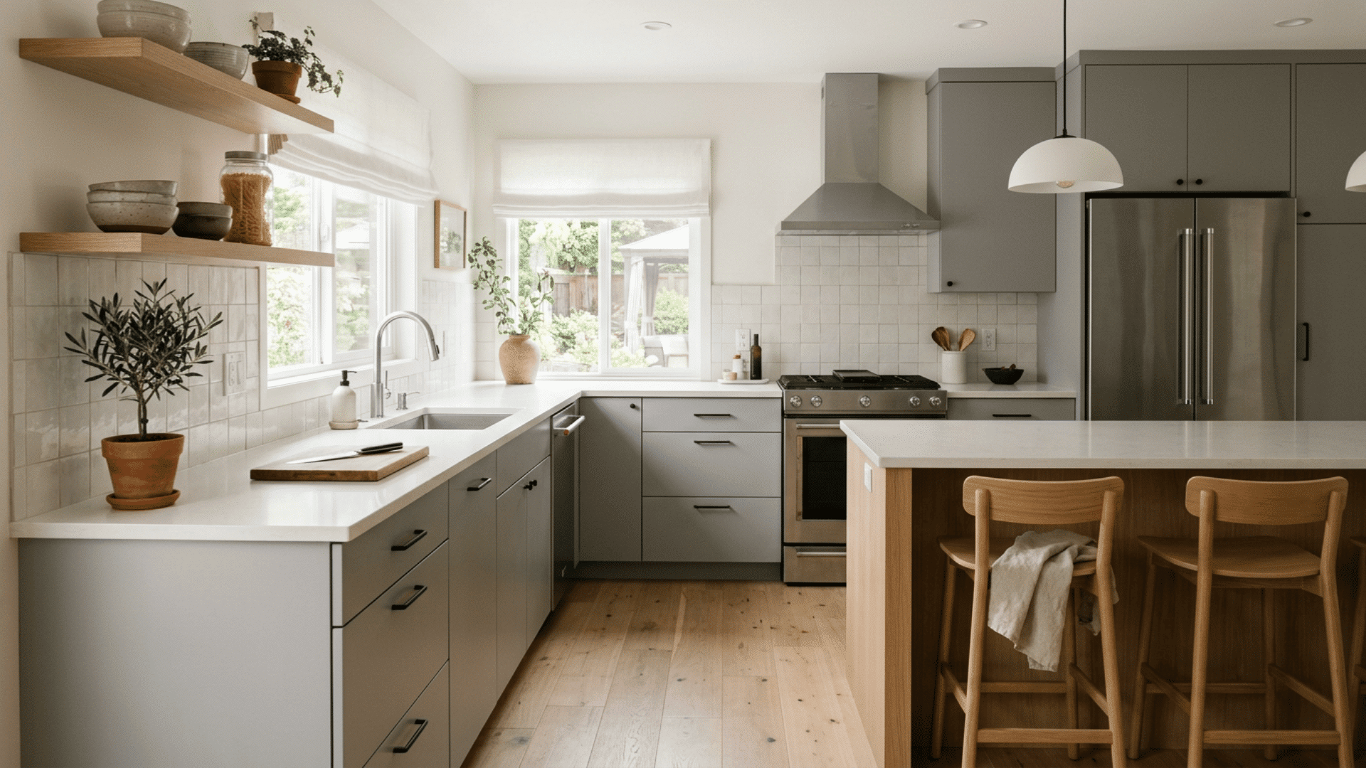 gray and wood kitchen with open shelves potted plants island seating stainless range and bright garden windows