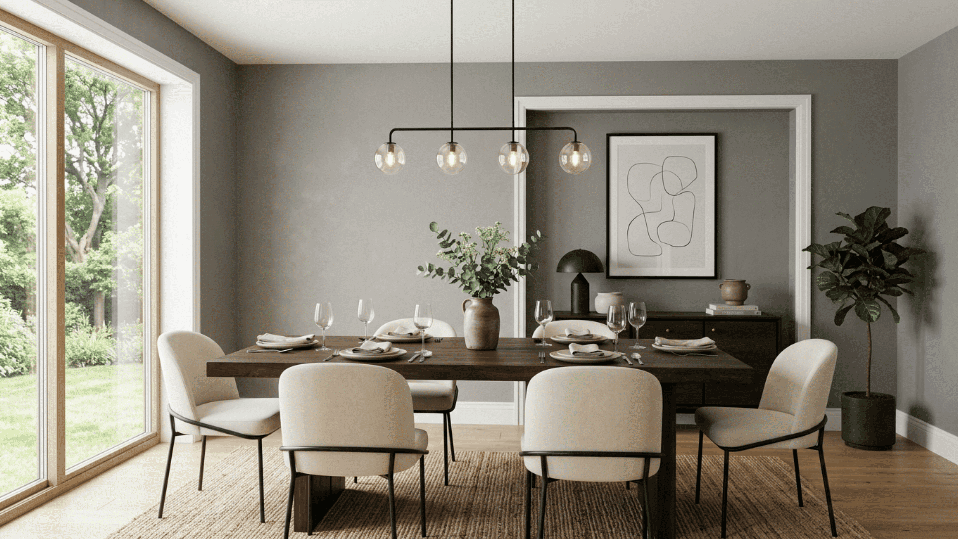 gray dining room with a dark wood table cream chairs modern pendant light wall art and a large garden window