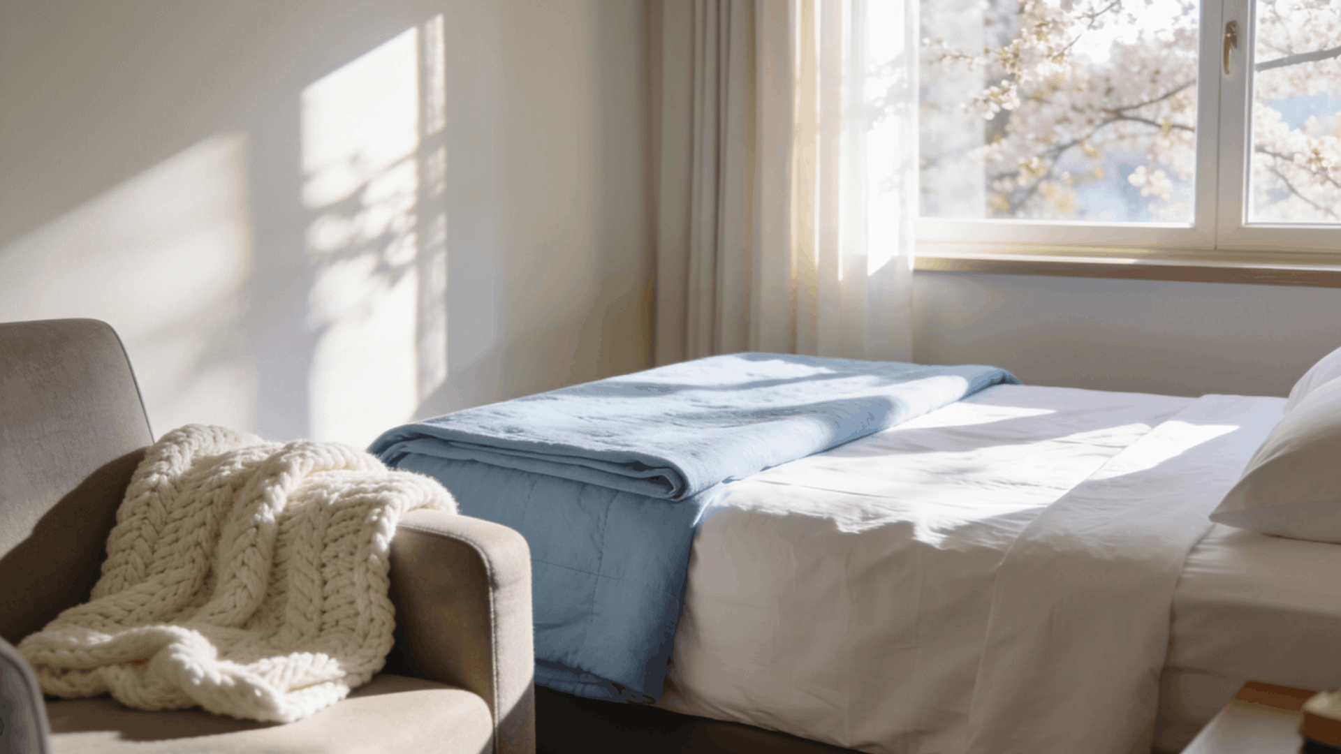 guest bedroom with a neat coverlet folded over sheets extra blanket placed nearby soft neutral colors clean hotel style