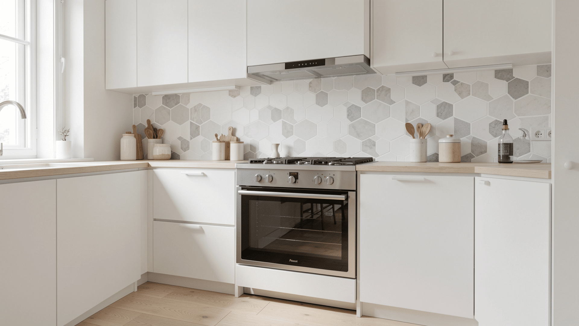 hexagonal white gray tile splashback white cabinets pale floors soft daylight clean scandi kitchen