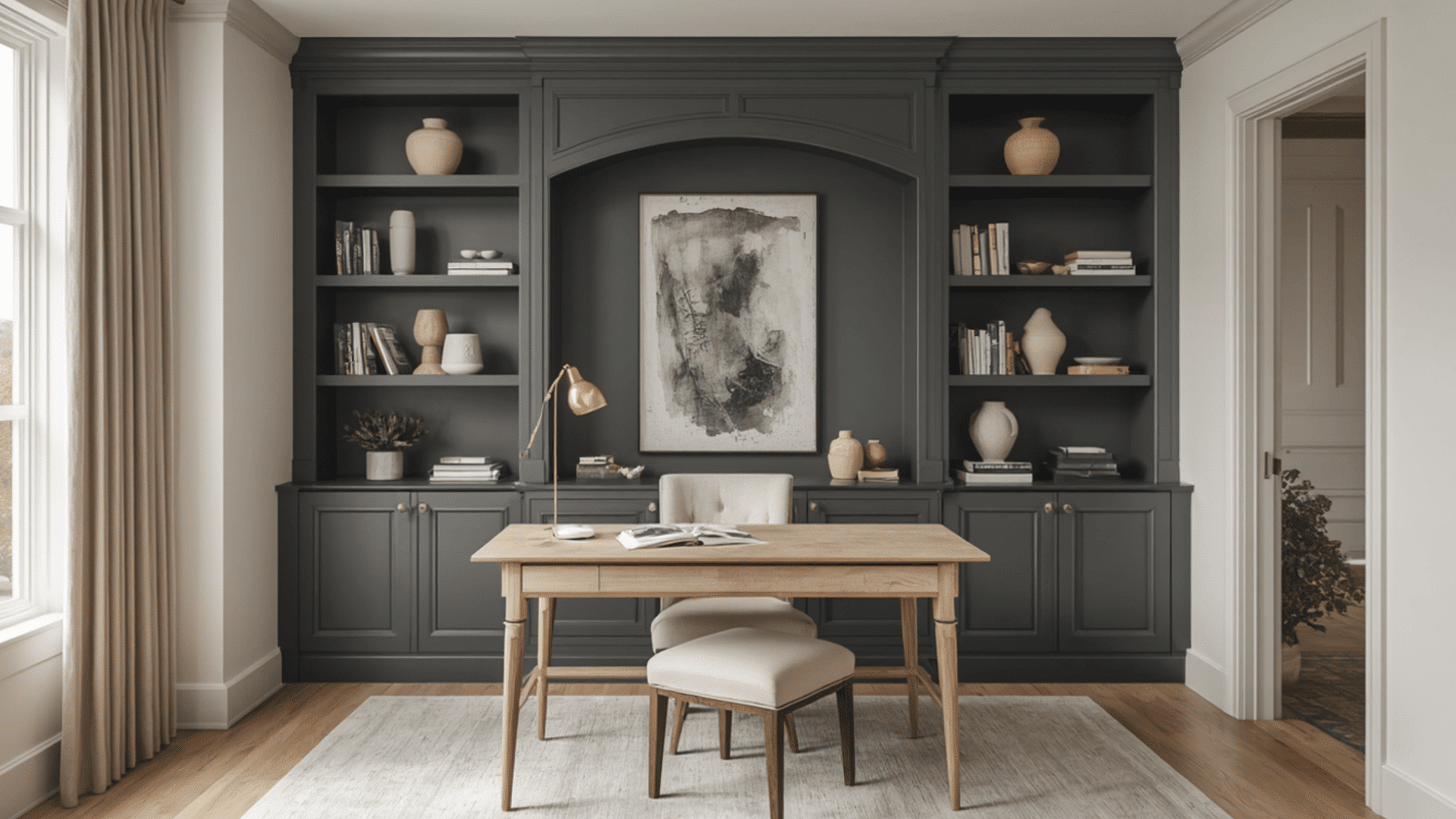 home office with built in shelving painted in silhouette af 655