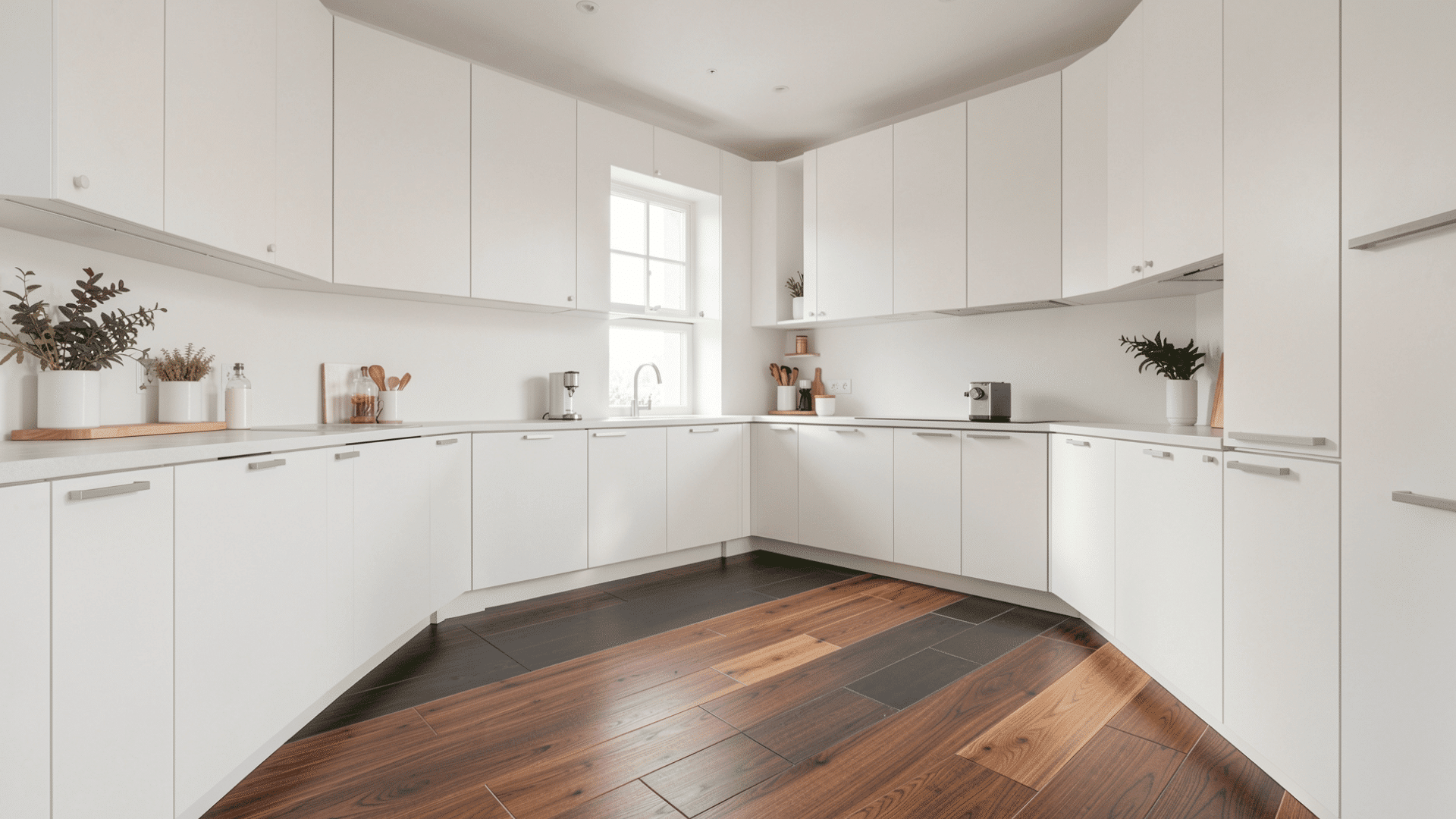 honey oak dark floors white matte cabinets white walls soft daylight contrast scandi kitchen