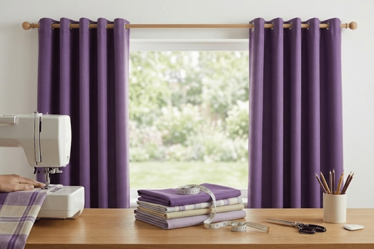 how to make curtains at home with sewing machine fabric tools and finished purple curtains hanging by window in simple diy setup