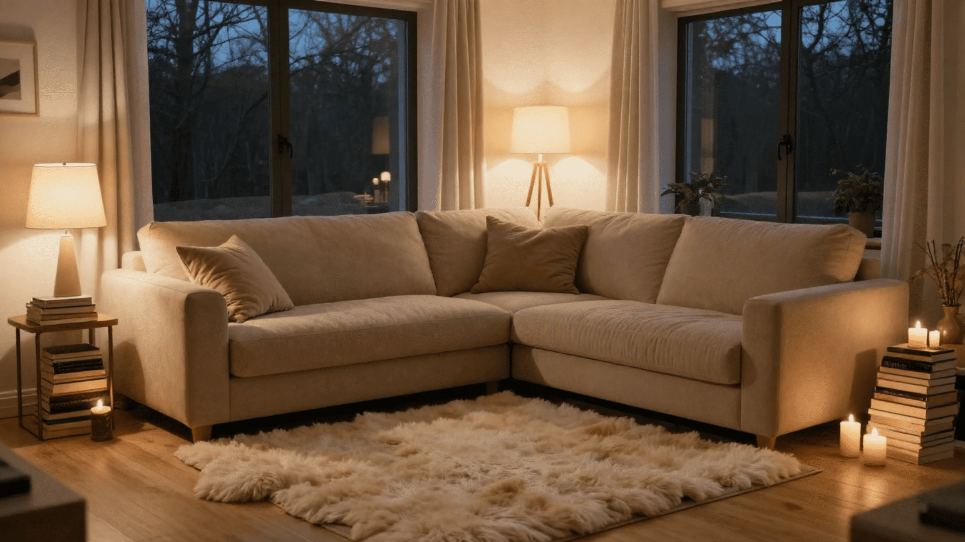 hygge living room with low sectional sofa sheepskin rug warm candlelight and floor lamps