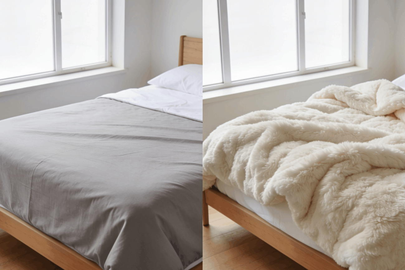 image comparing a flat thin coverlet on one side and a thick fluffy comforter on the other side