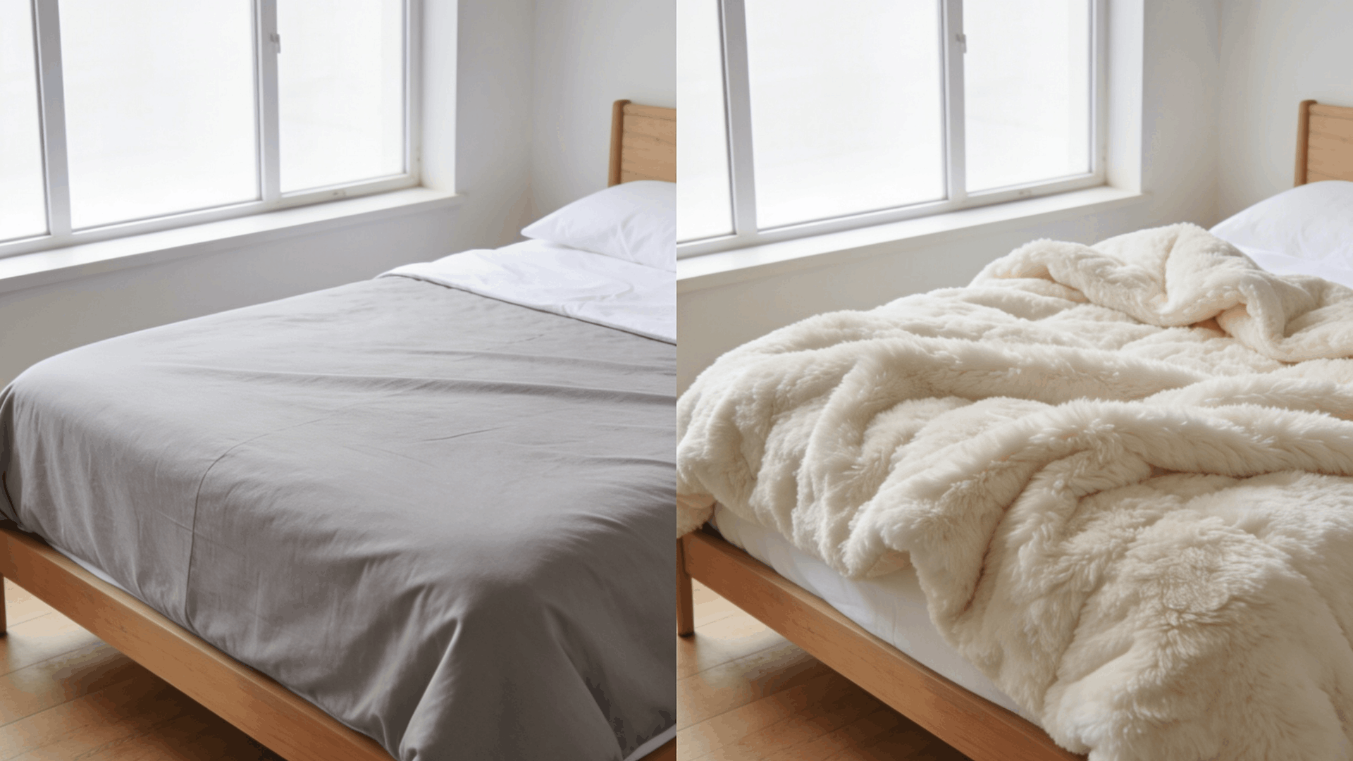 image comparing a flat thin coverlet on one side and a thick fluffy comforter on the other side