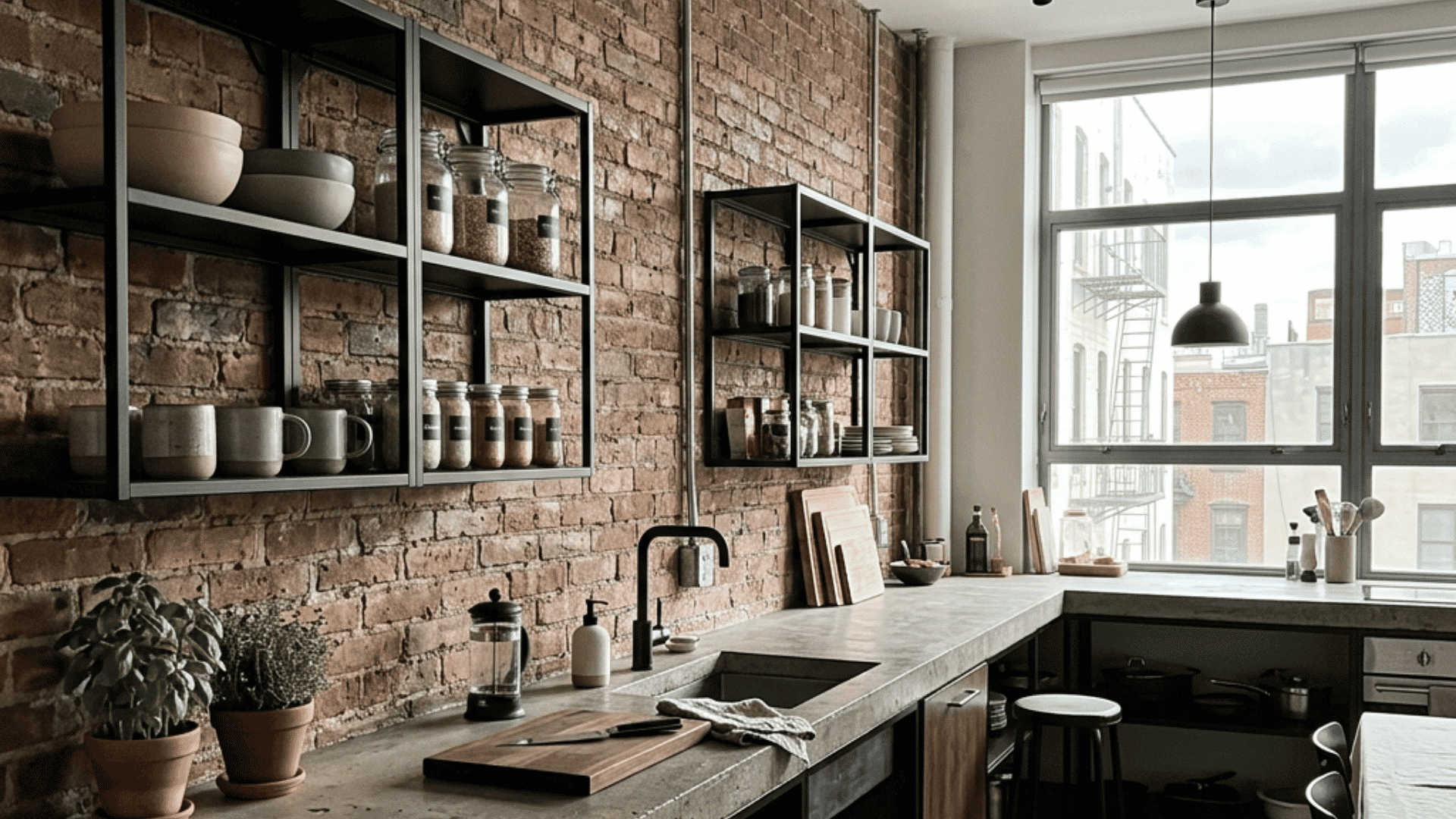 industrial kitchen with brick wall black metal shelves jars concrete counters and large city window