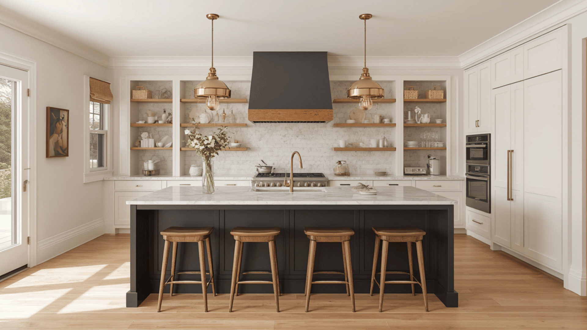 kitchen island and range hood painted in silhouette af 655 with white cabinetry