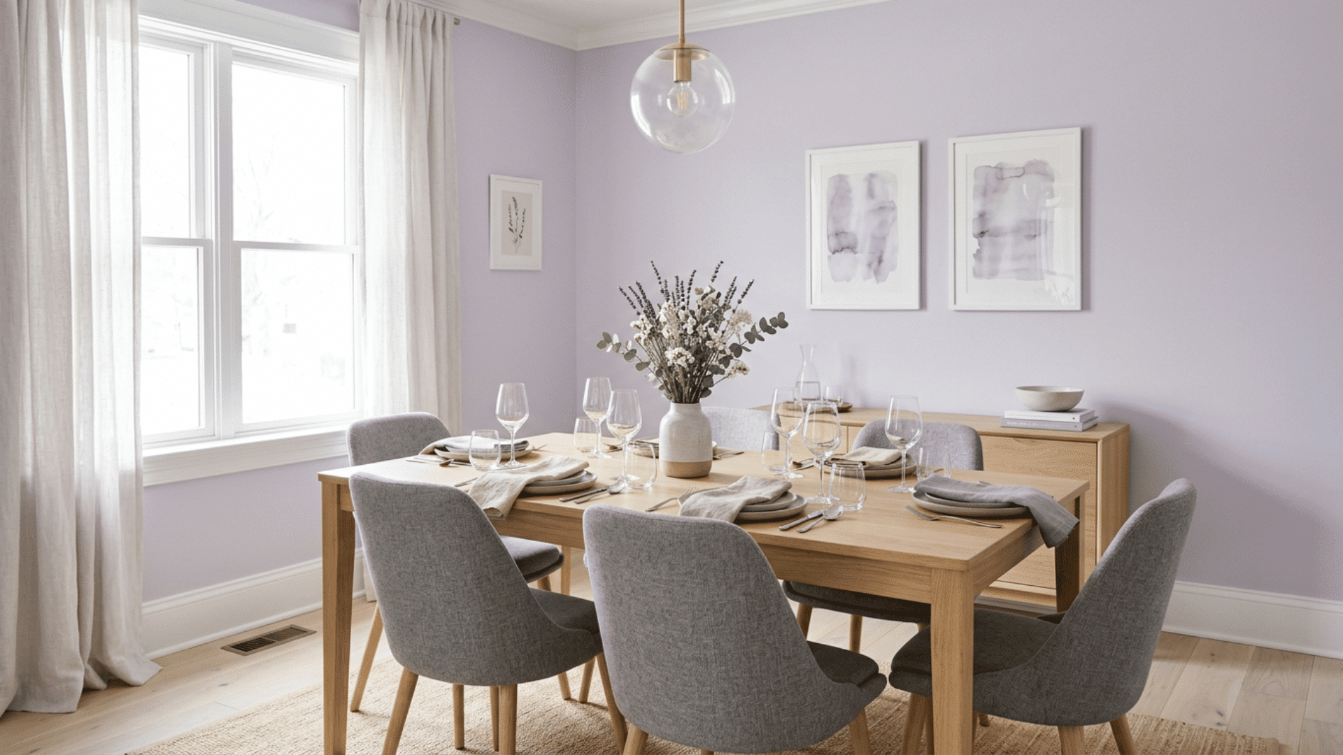 lavender dining room with wooden table gray chairs sheer curtains glass pendant framed art and floral vase