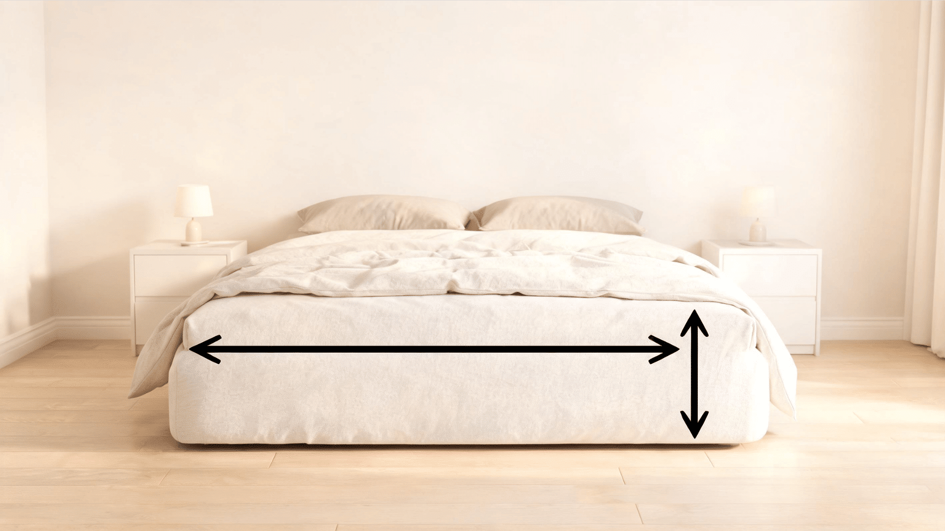 light colored full bedspread draping down the sides of a neatly made bed almost touching the floor in a soft room setup