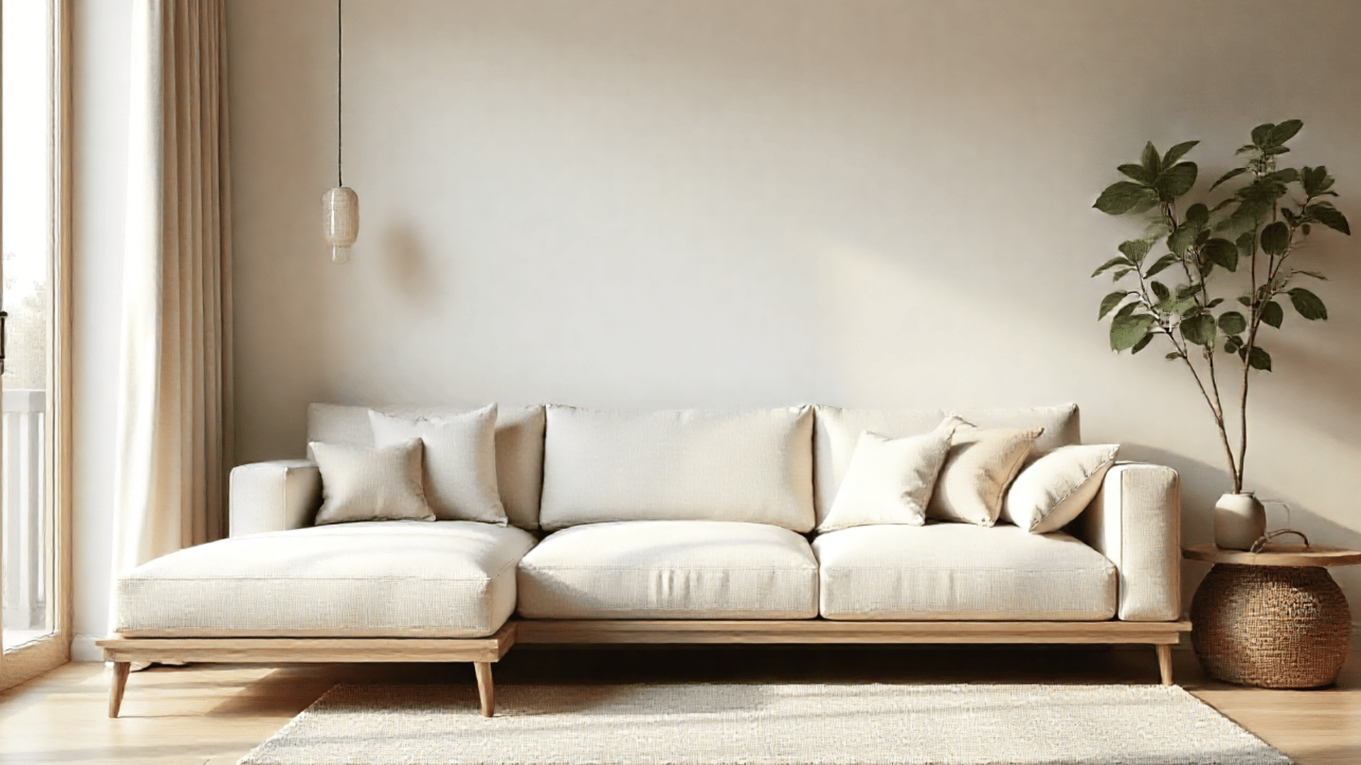light colored sectional sofa with plush cushions sits on a textured rug in a sunlit room