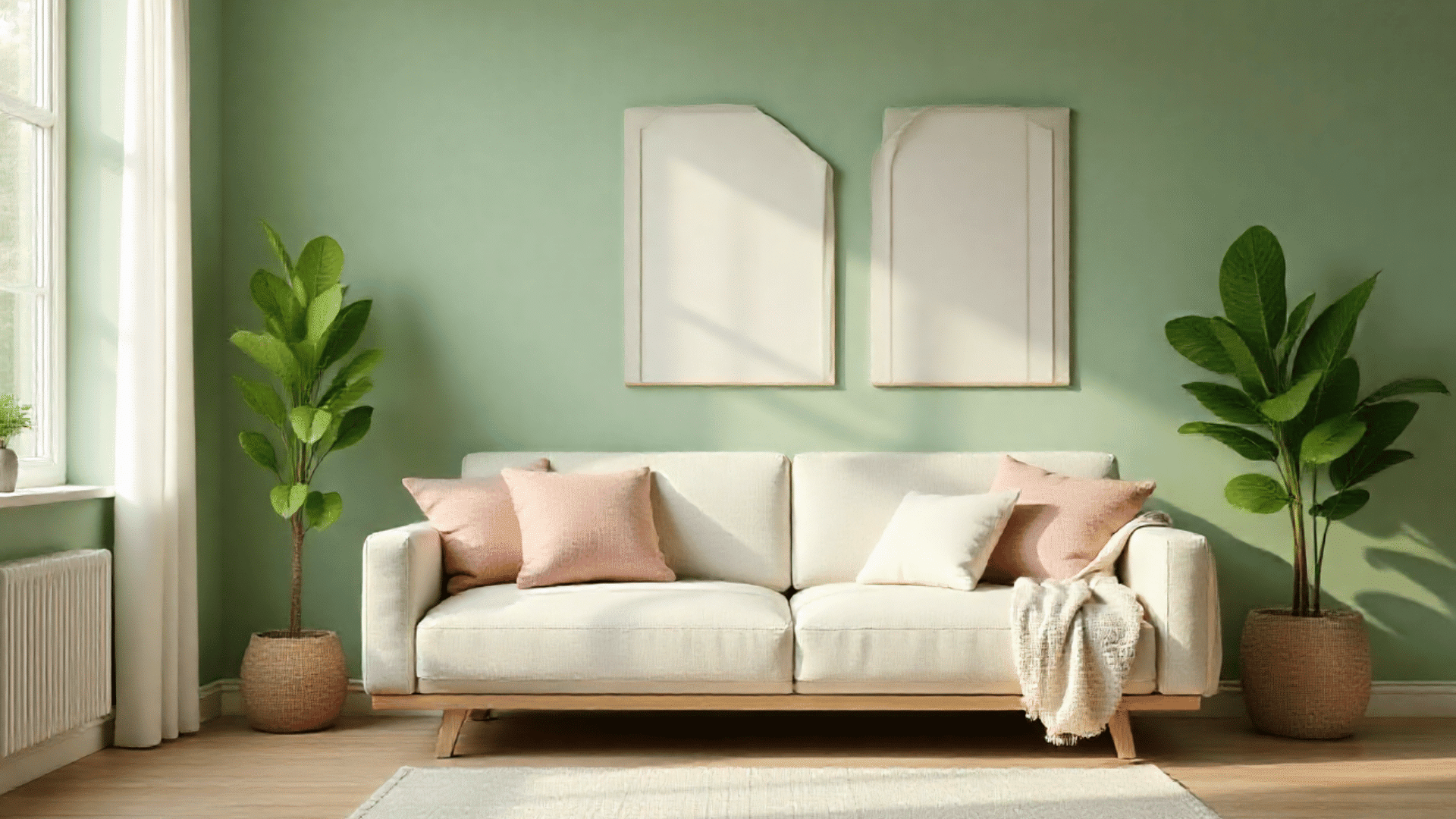 light colored sofa with pink and cream pillows is placed against a pale green wall
