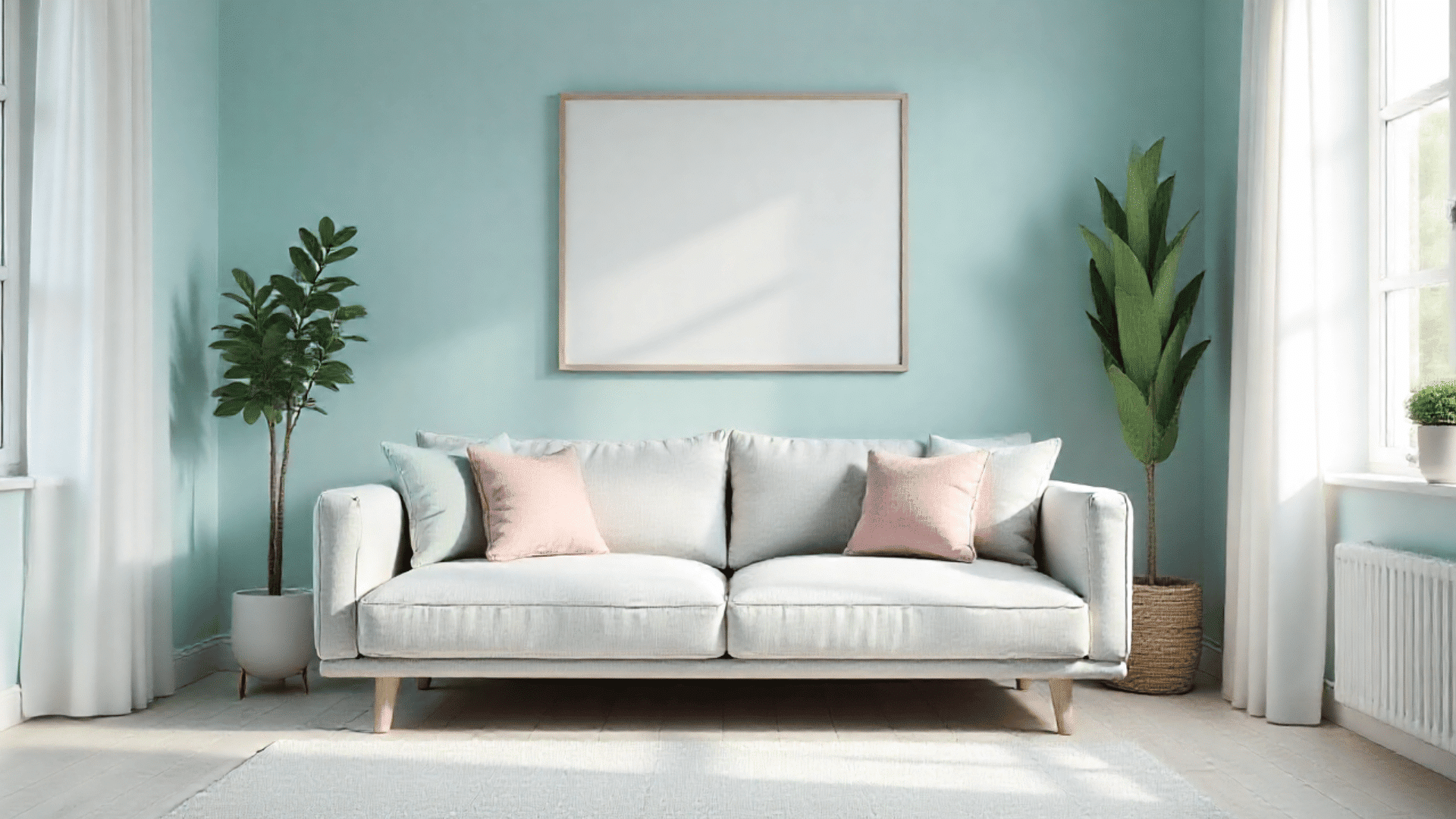 light gray sofa with pink and light blue throw pillows sits in front of a light blue wall with a blank picture frame