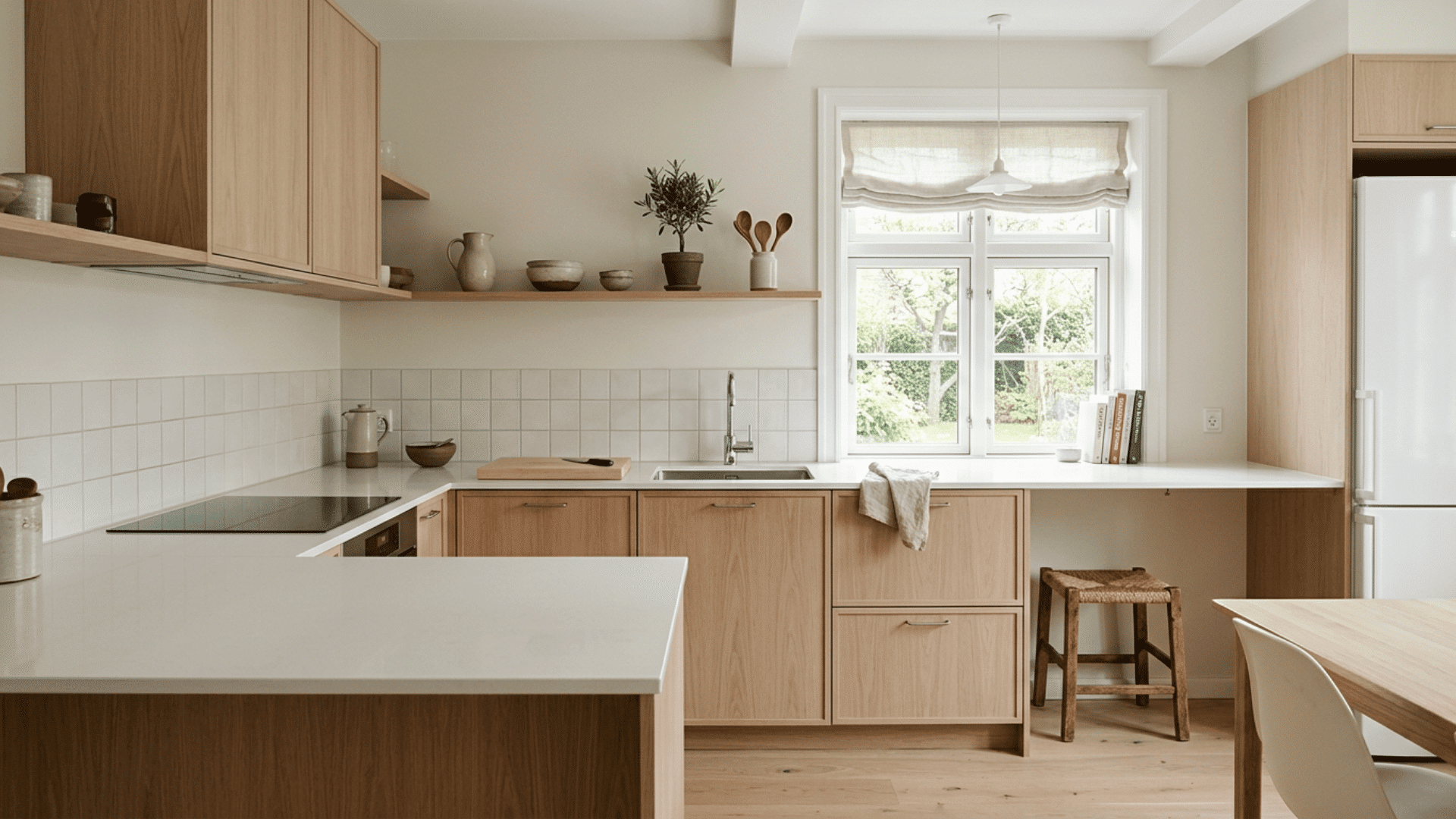 light oak kitchen with white counters tiled backsplash garden window open shelf stool and dining area in soft daylight
