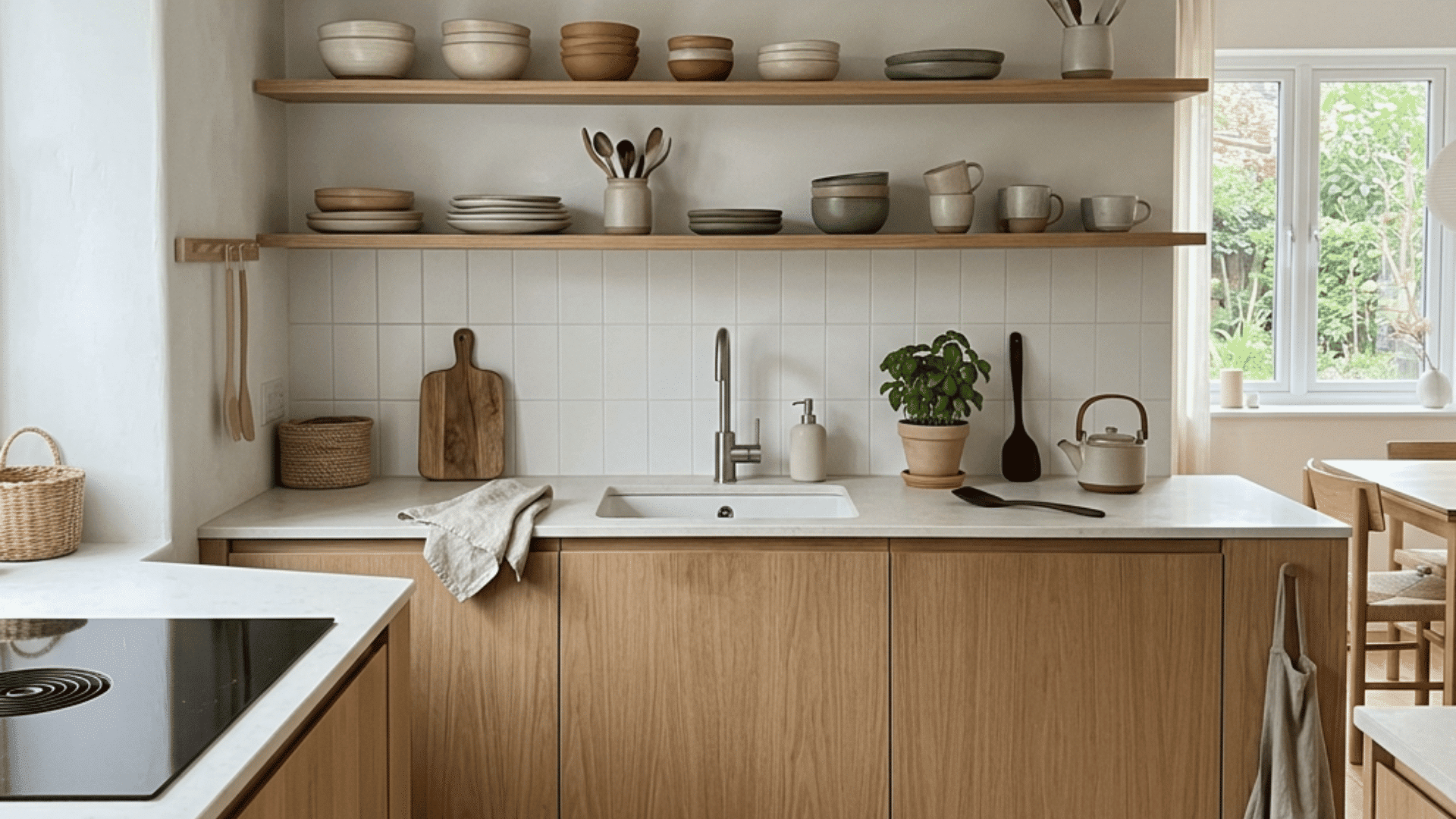 light wood kitchen with open shelves of bowls dishes and mugs above a white sink and countertop