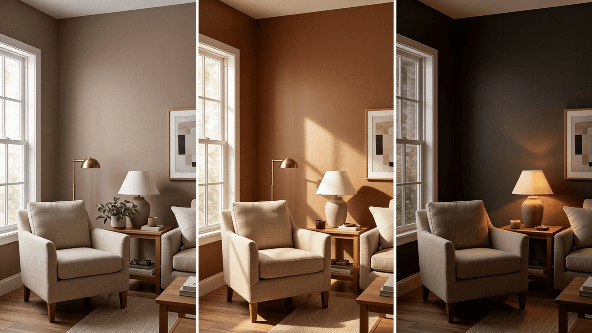living room painted in silhouette af 655 shown under three different lighting conditions