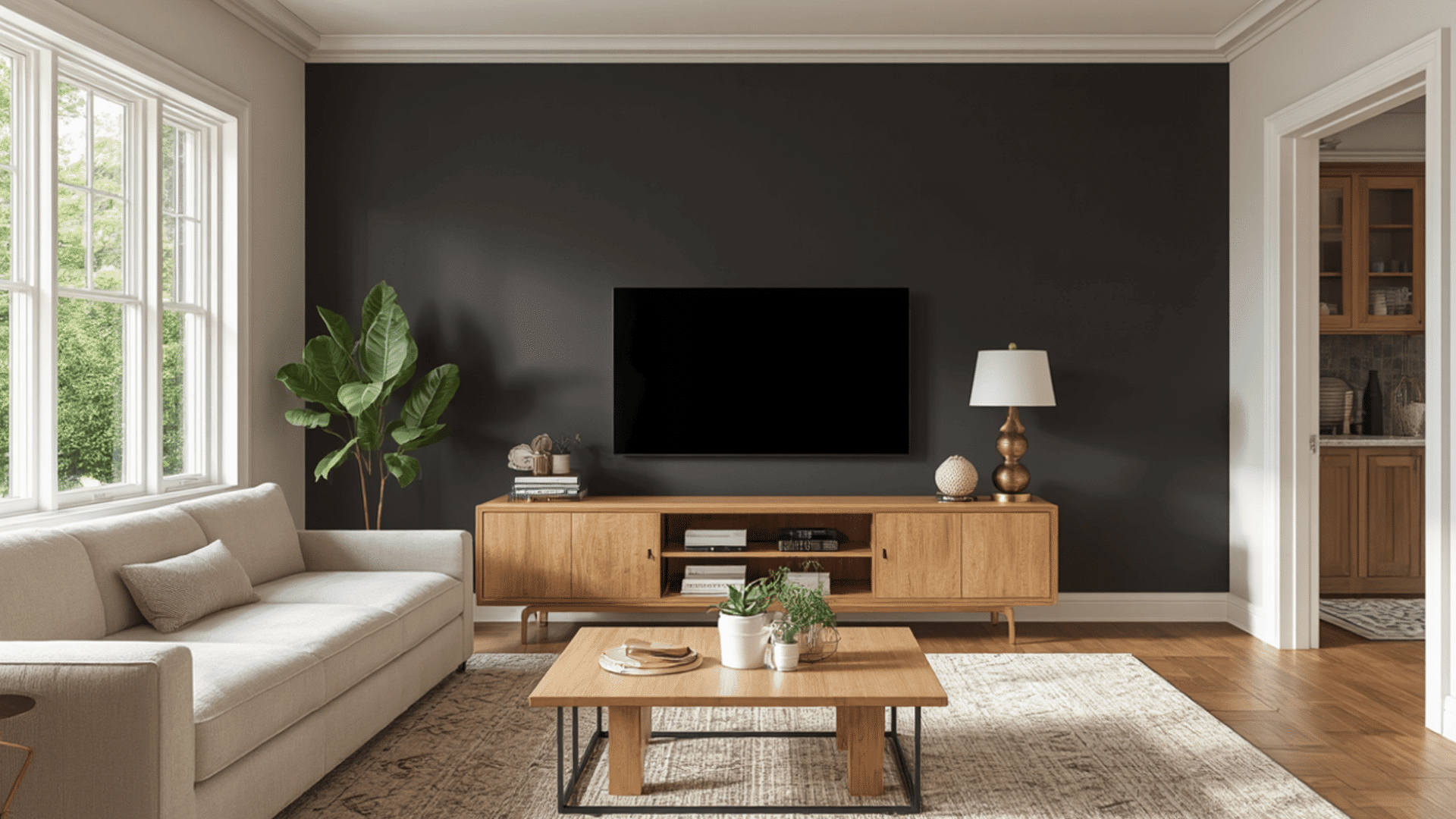 living room with silhouette af 655 accent wall behind a wood media console