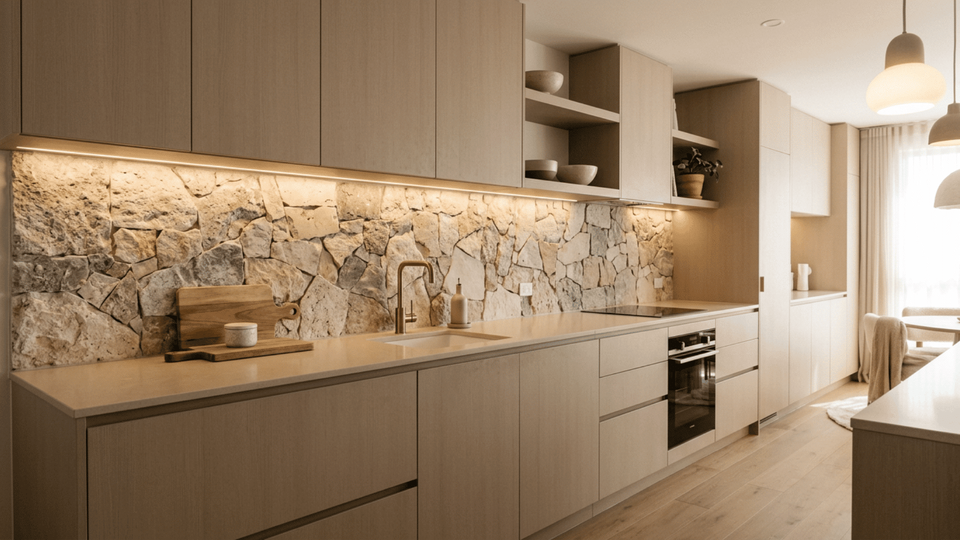 long light wood kitchen with stone backsplash open shelves under cabinet lighting and dining area in warm daylight