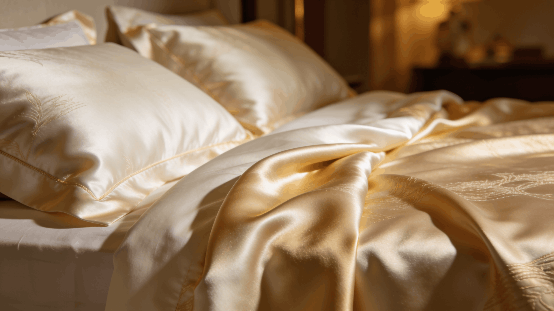 luxury silk pillowcases and silk sheets on a bed showing smooth shiny texture soft elegant bedroom lighting