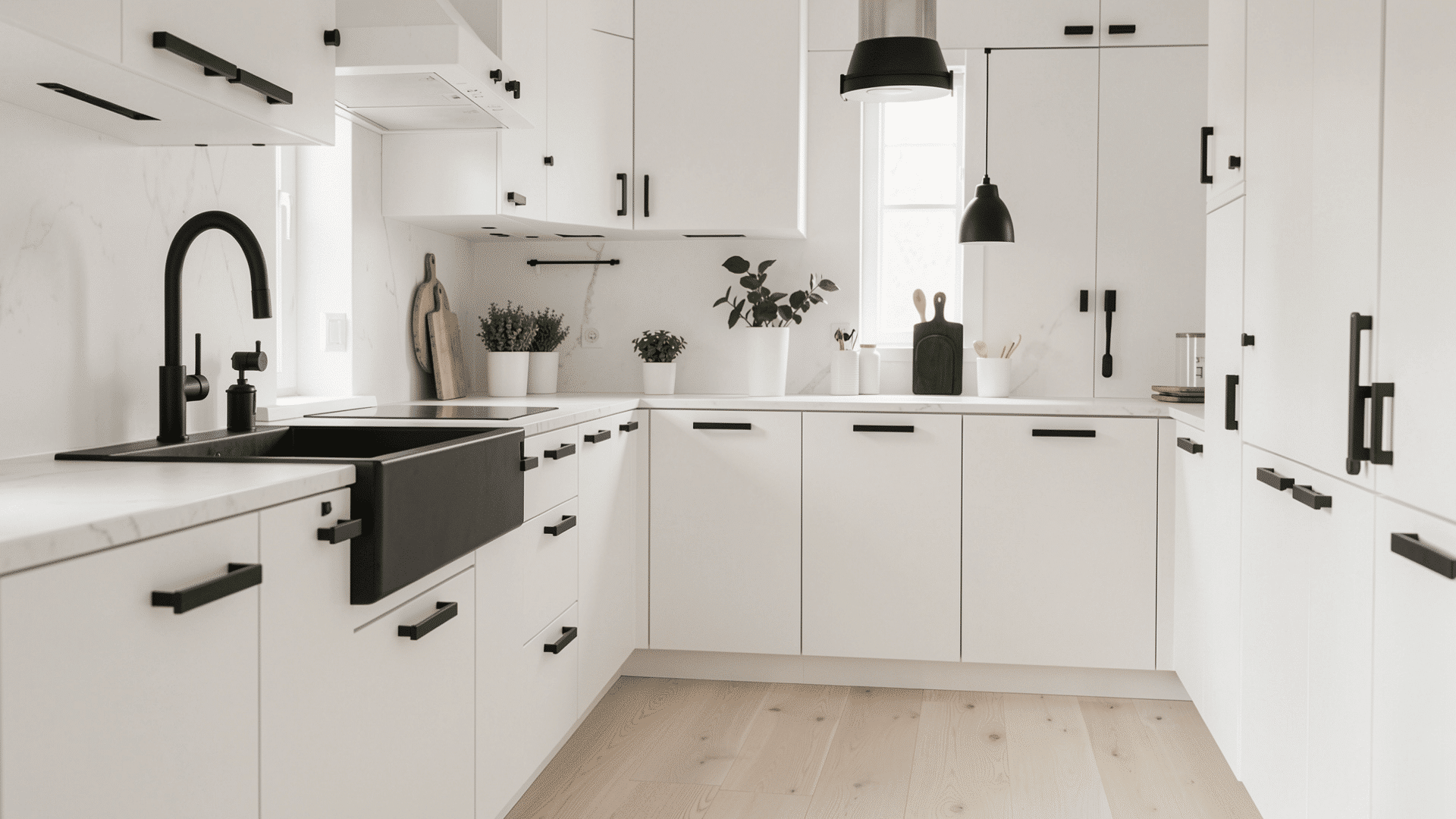matte black faucet sink black handles white matte cabinets pale floors contrast scandi kitchen