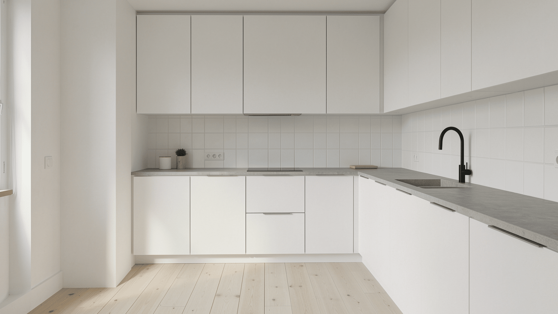 matte white cabinets matte countertops matte splashback matte black faucet no gloss scandi kitchen (1)