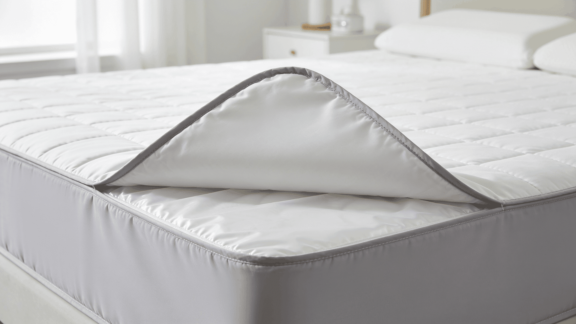 mattress protector fitted over a mattress with one corner lifted to show the protective layer clean bedroom