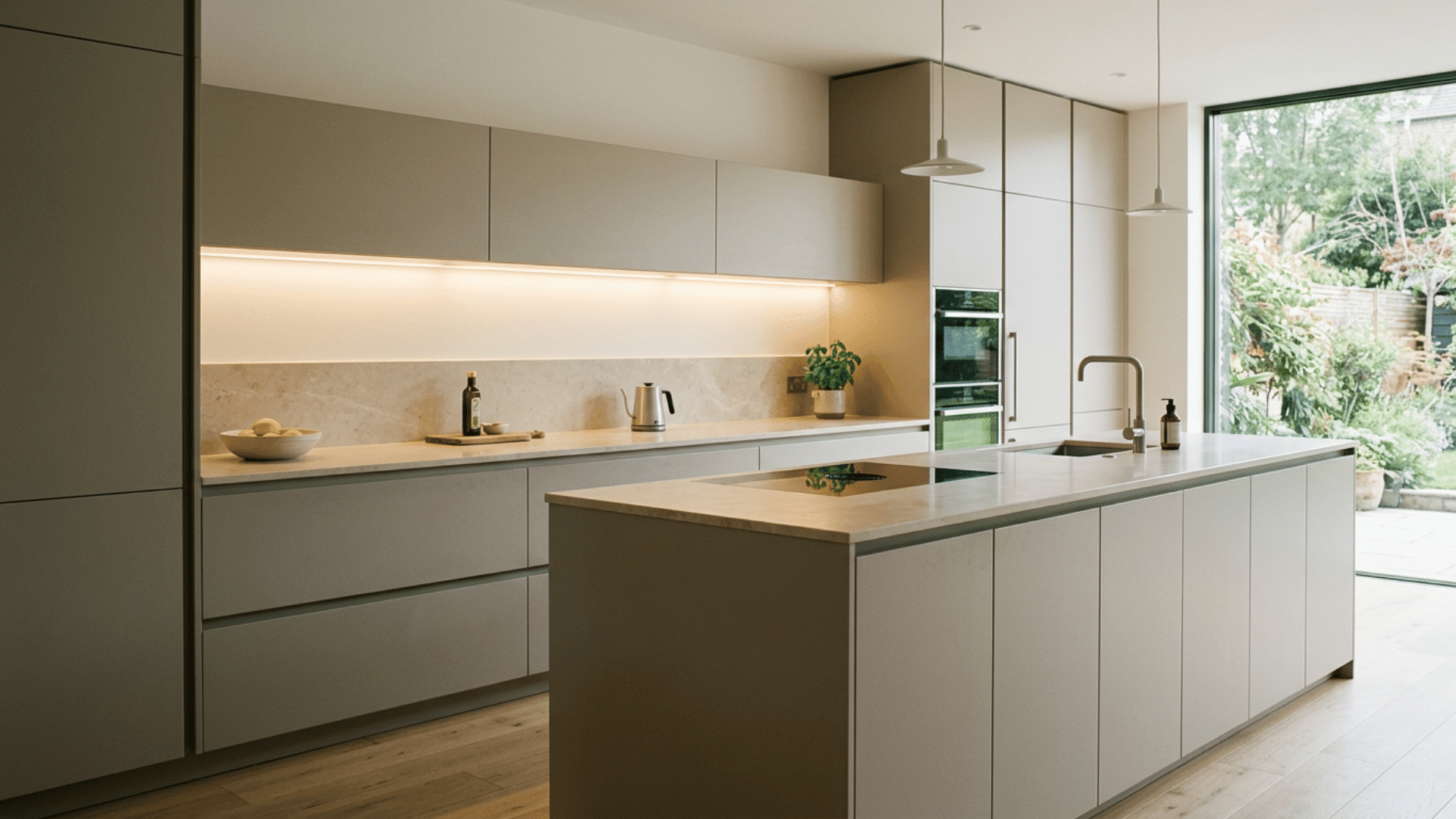 minimal beige kitchen with long island pendant lights stone backsplash and wide glass doors opening to garden